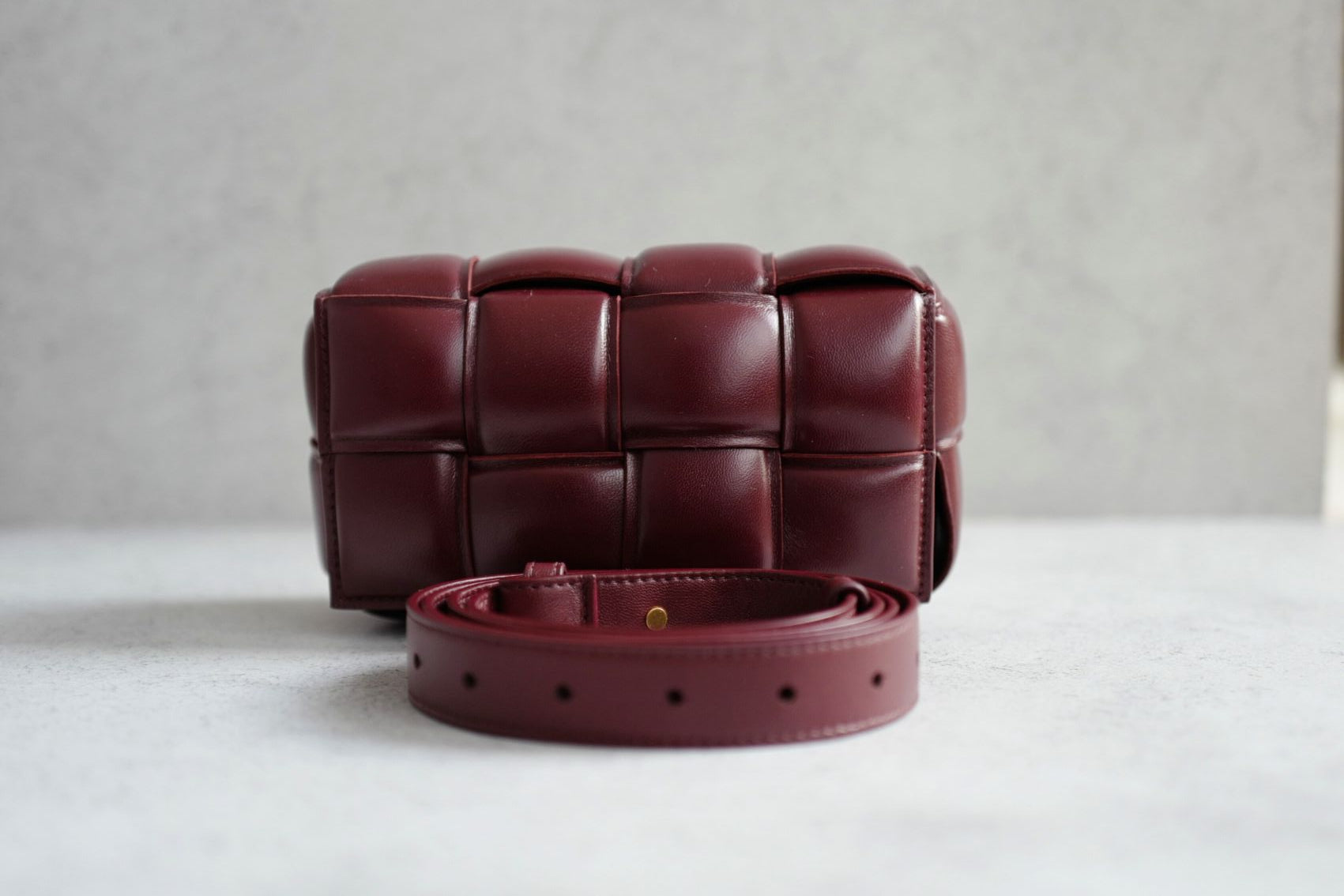 Bottega Veneta Padded Burgundy Small Cassette Belt Bag NEW