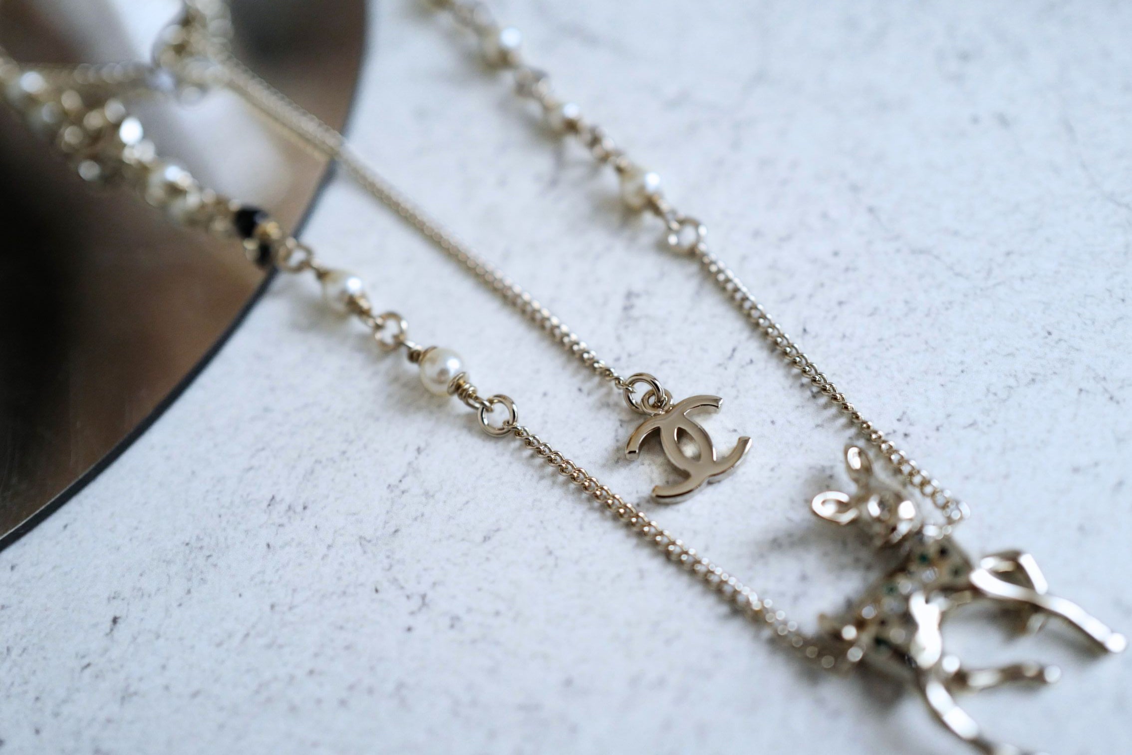 Chanel CC Deer Long Pendant Necklace Gold and Faux Pearl