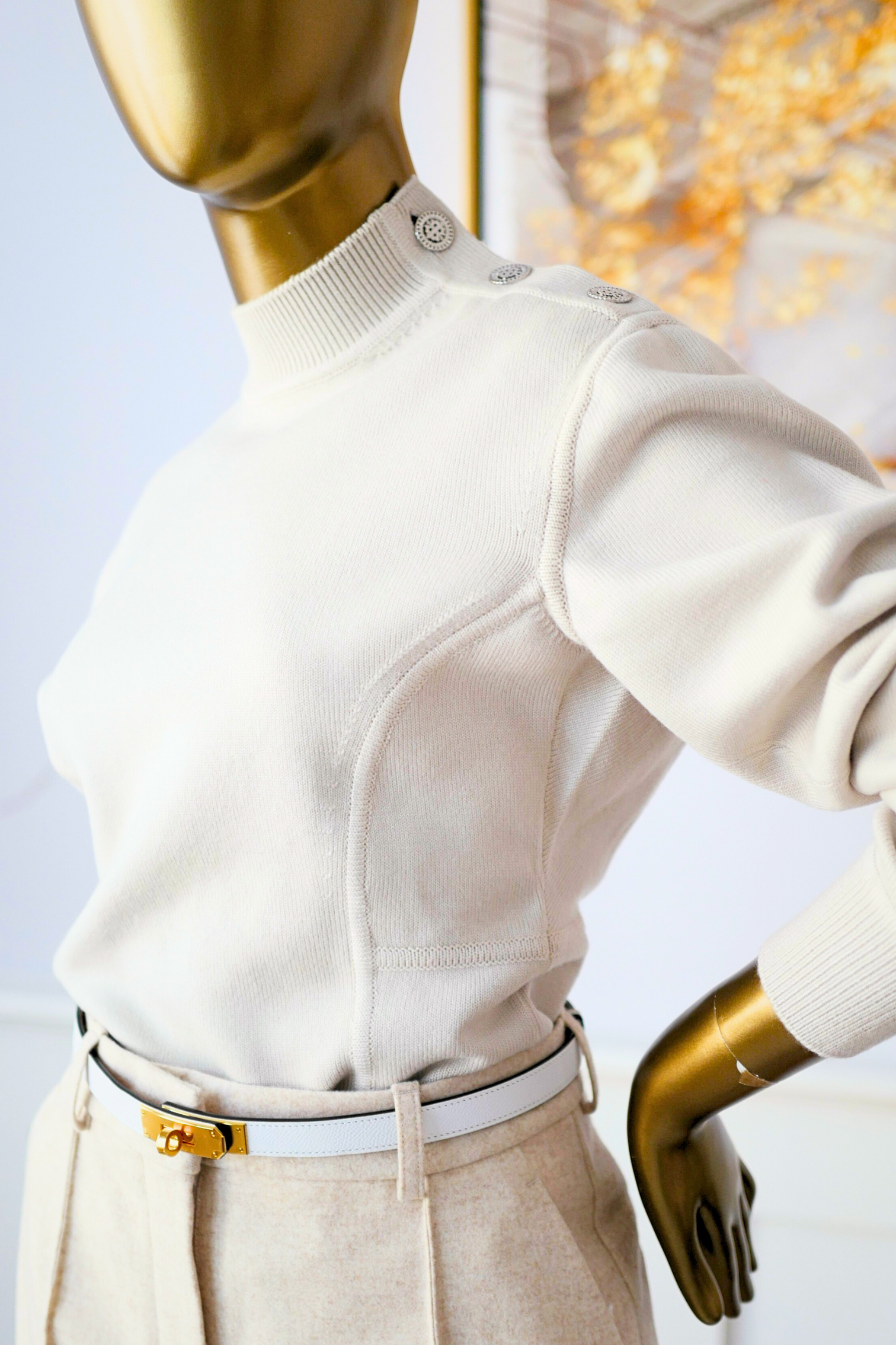 Hermès Sweater with Ferronnerie Button Details Jewel Knit Mock Neck Size 36 Beige Sable