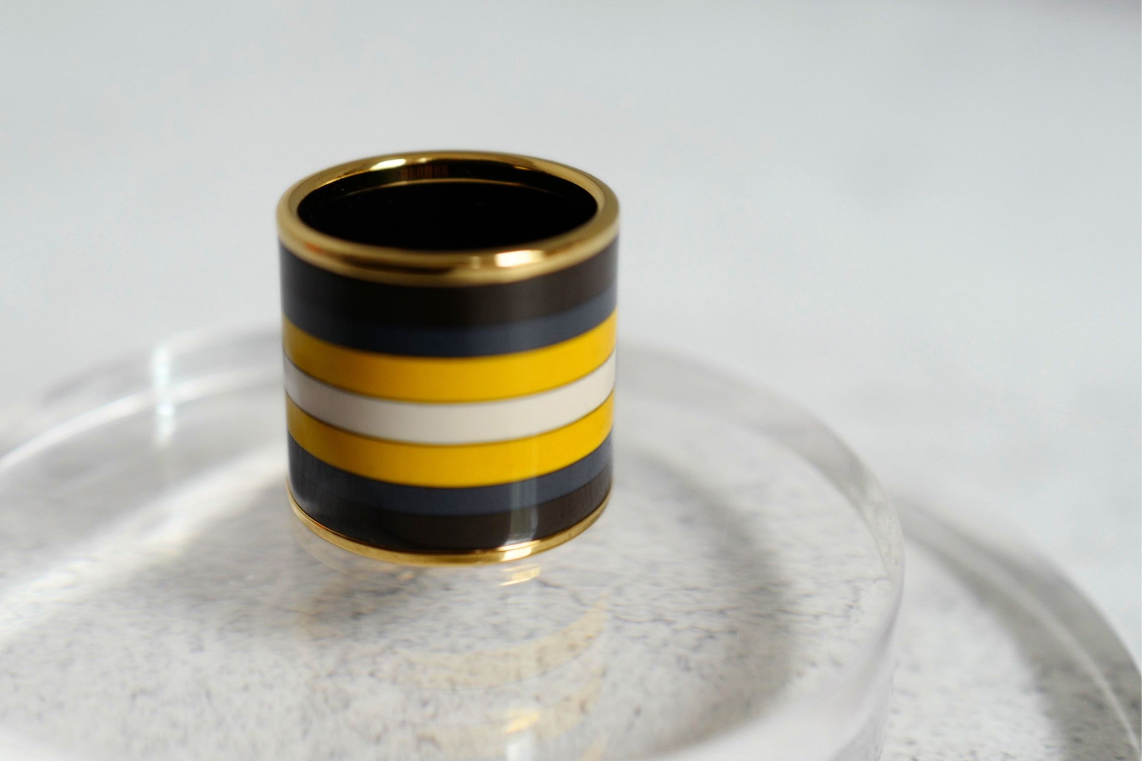 Hermès Rocabar Enamel Scarf Ring Black/Yellow/Blue Striped