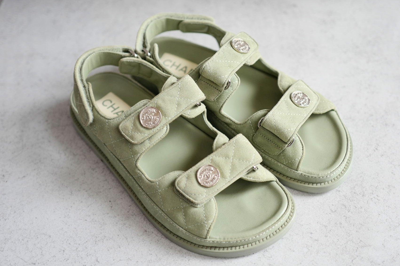 Chanel DAD SANDALS Green SUEDE LEATHER SANDAL Size 37 BNIB