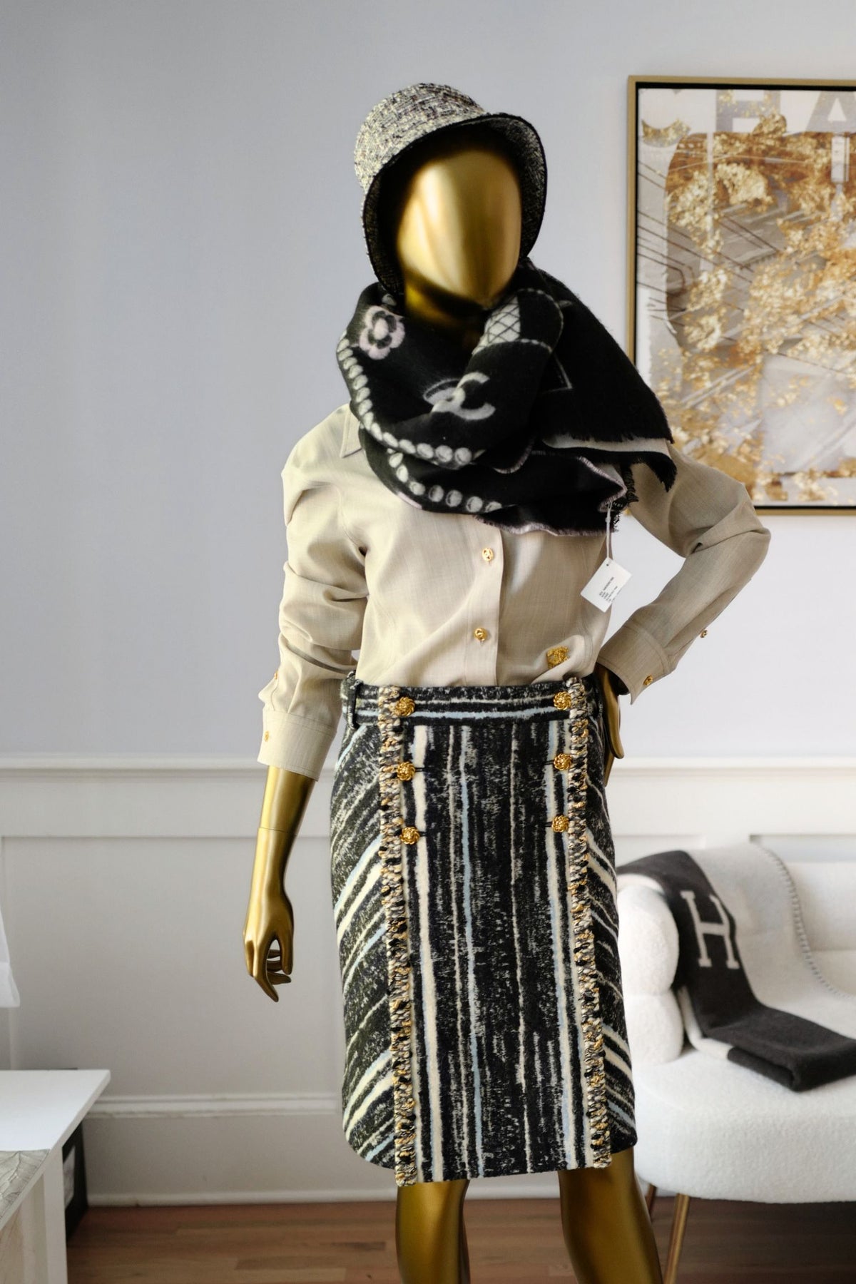 NEW Chanel 25B Black White Wool & Silk Scarf with Pearl Decoration