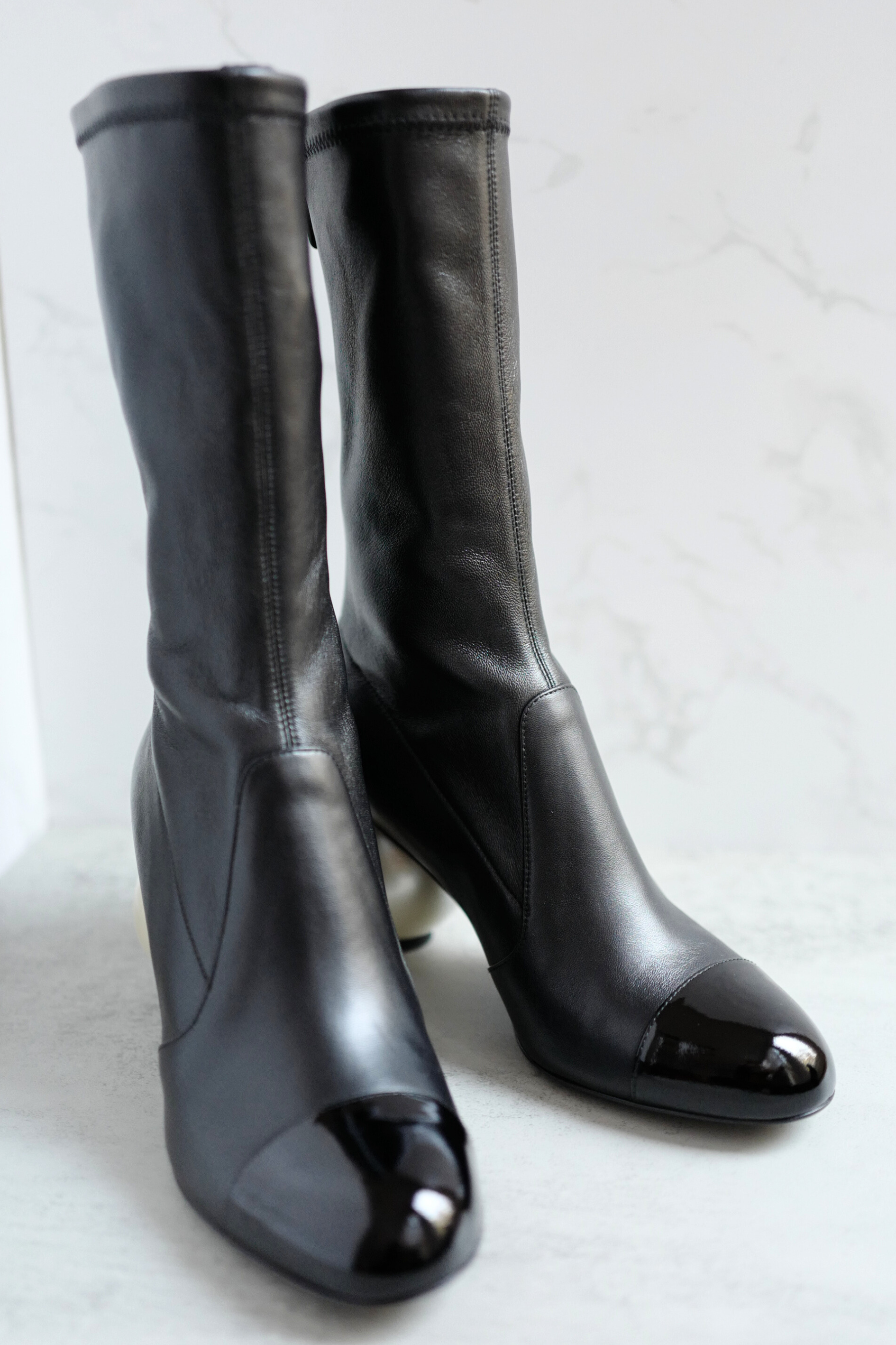 Chanel Boots Stretch Lambskin with Patent Calfskin Cap Toe Black 37.5
