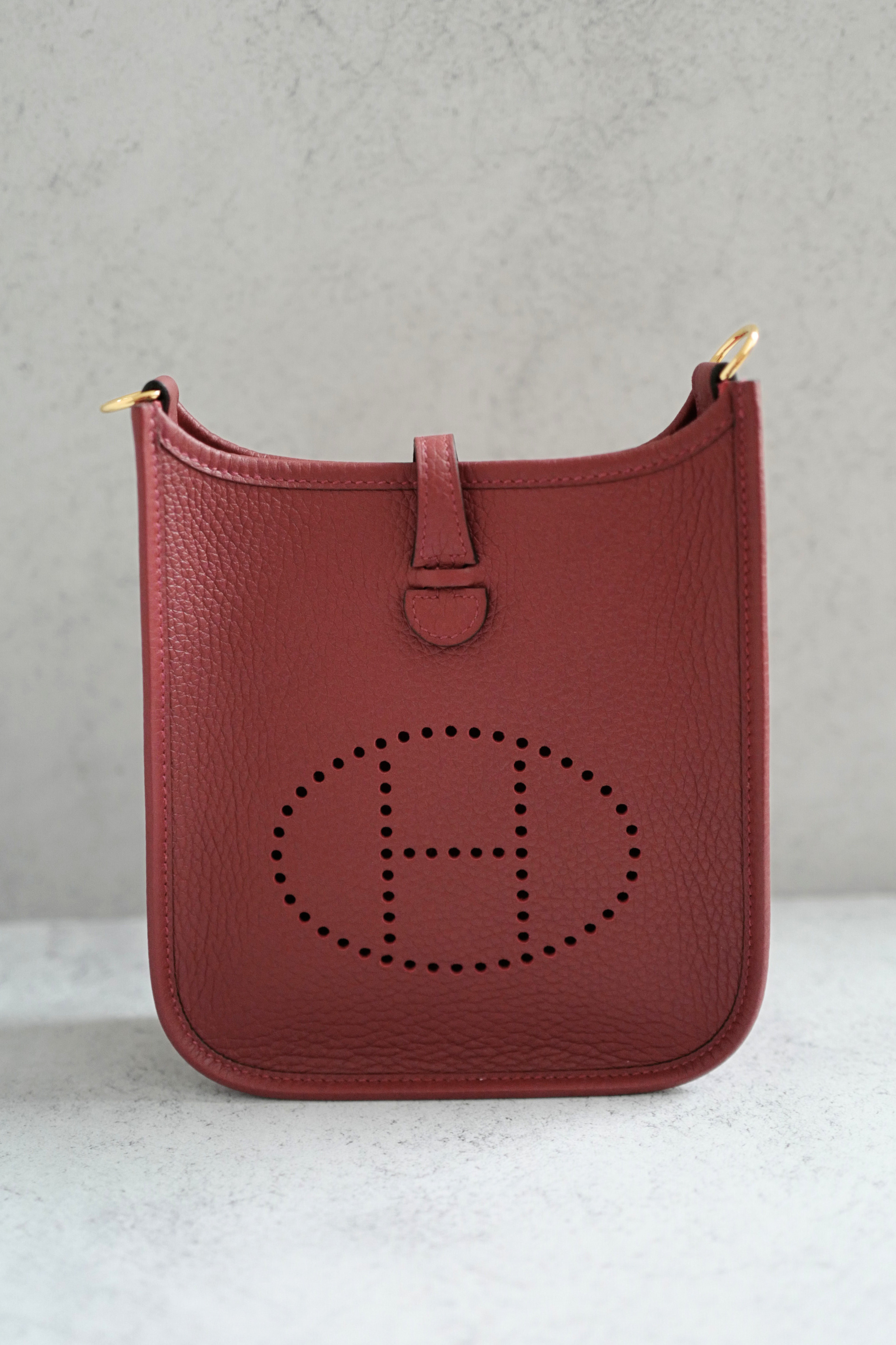 Hermès Mini Evelyne TPM Bag in Rouge H Clemence Leather with Gold Hardware