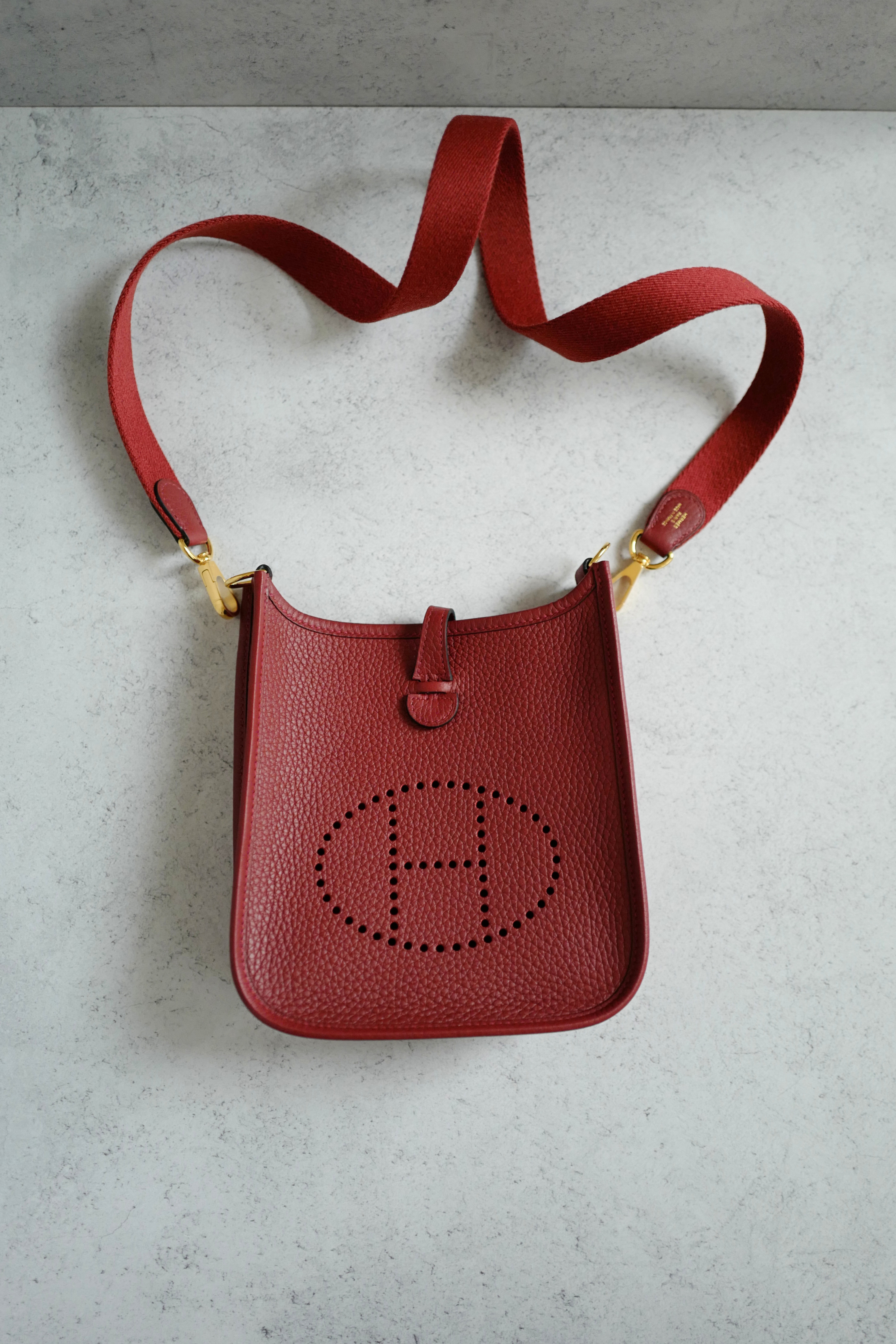 Hermès Mini Evelyne TPM Bag in Rouge H Clemence Leather with Gold Hardware