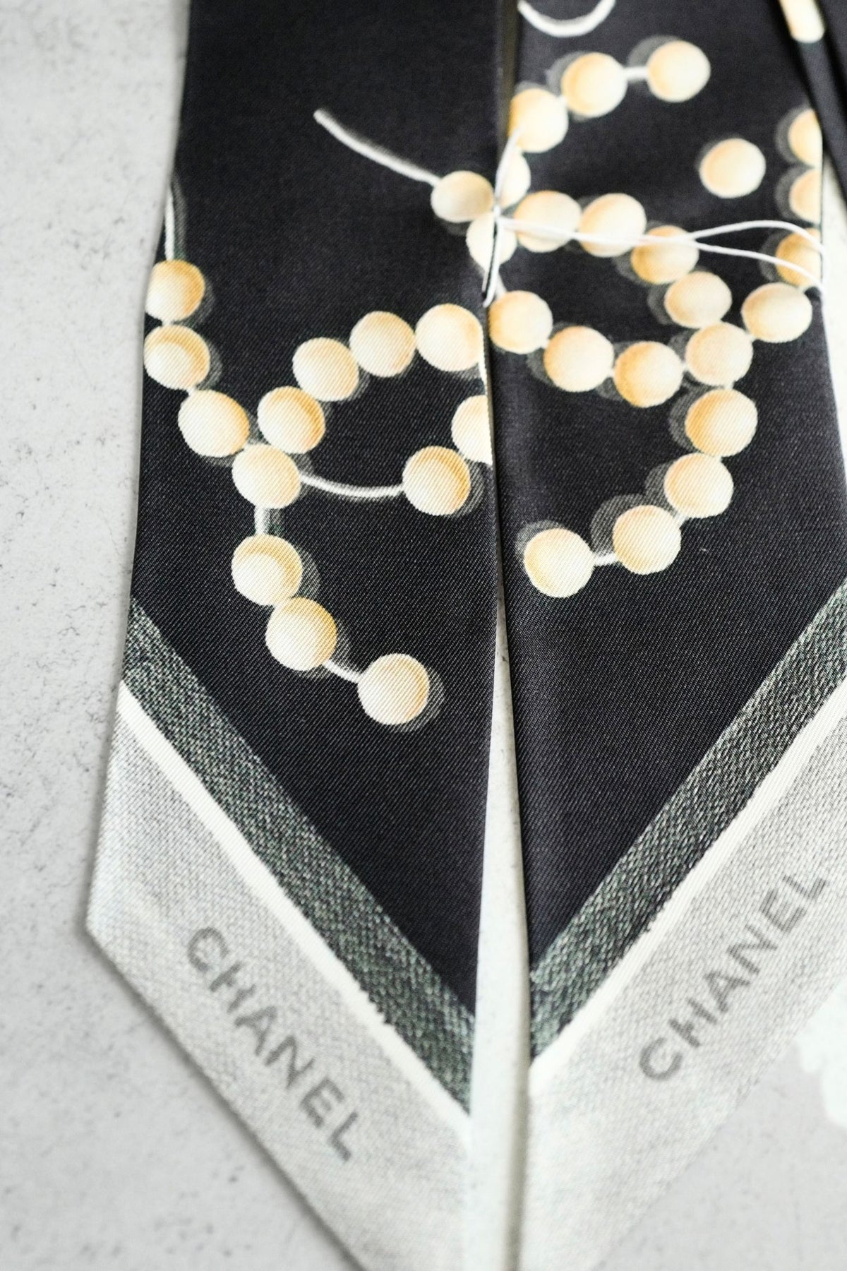 Chanel 26K Matthieu Blazy's Slim Bandeau Silk Twill Black/Ecru/Gray Pearl Accents