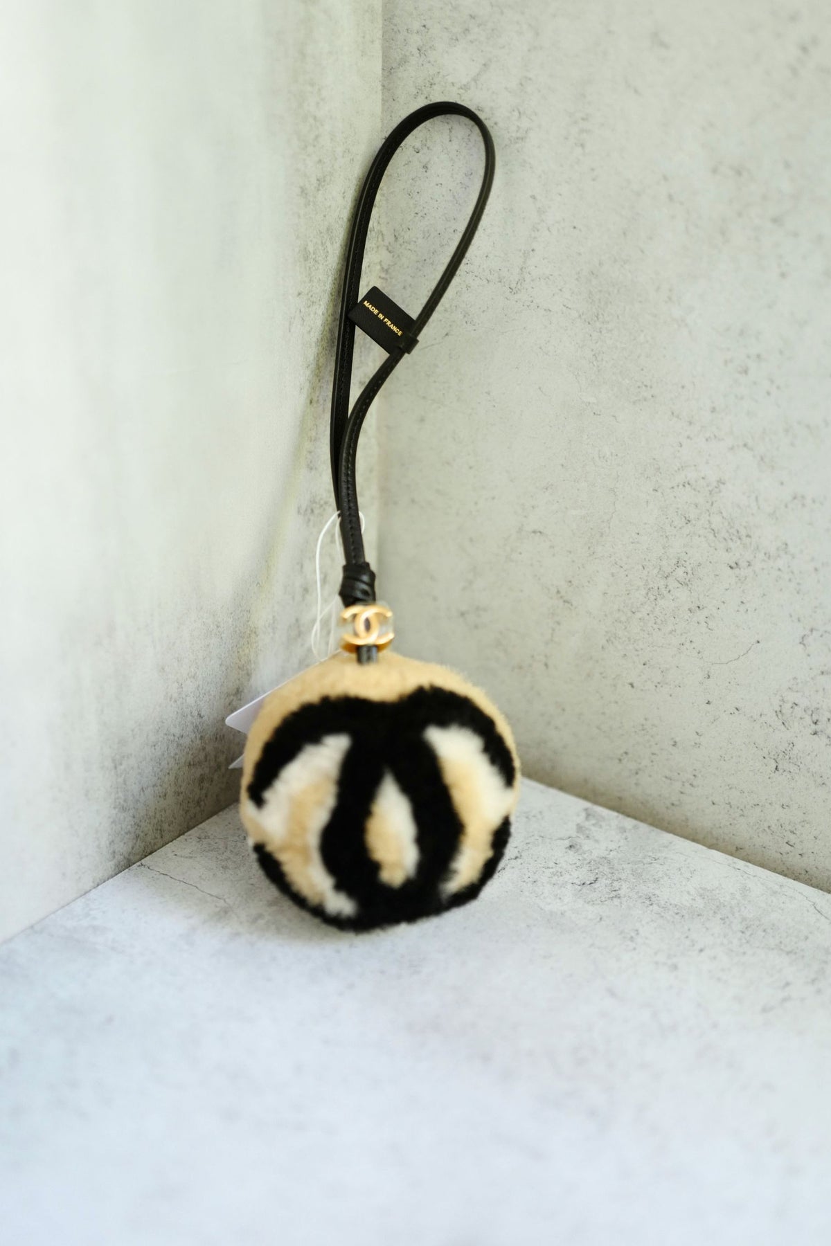 NEW Chanel 26N Coco Neige Mini Ball Bag Charm CC Logo Lambskin Shearling Black Beige