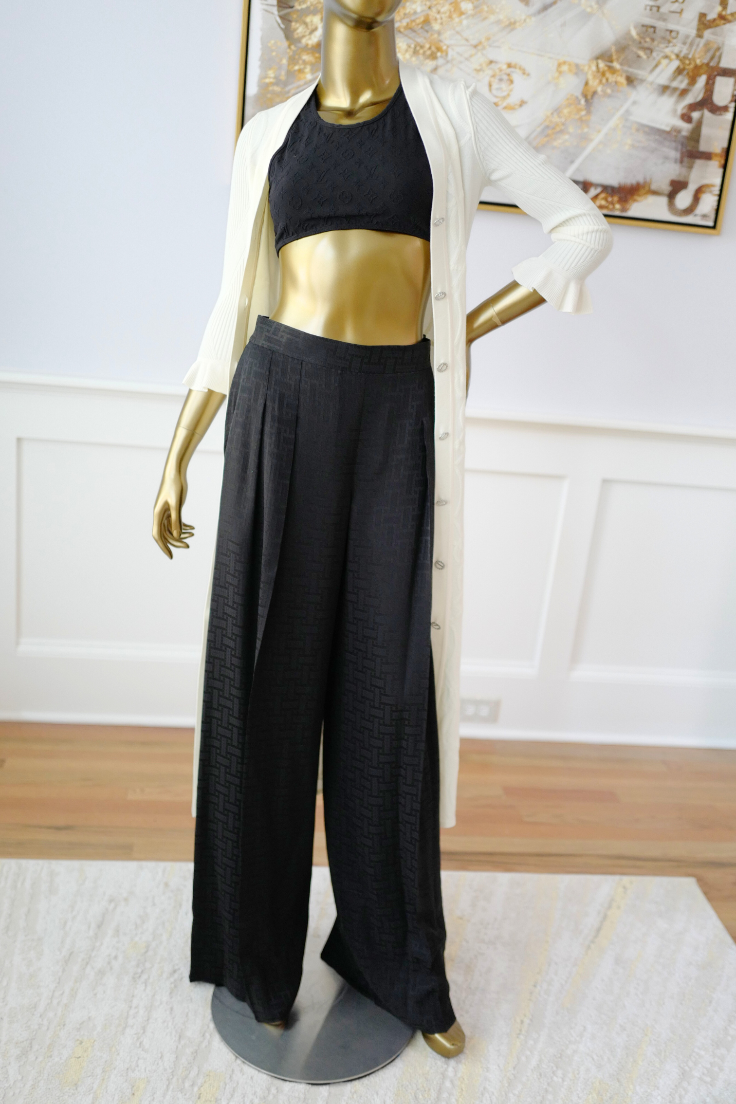 New Hermès Mosaique Wide-Leg Pants Noir Black Size 36