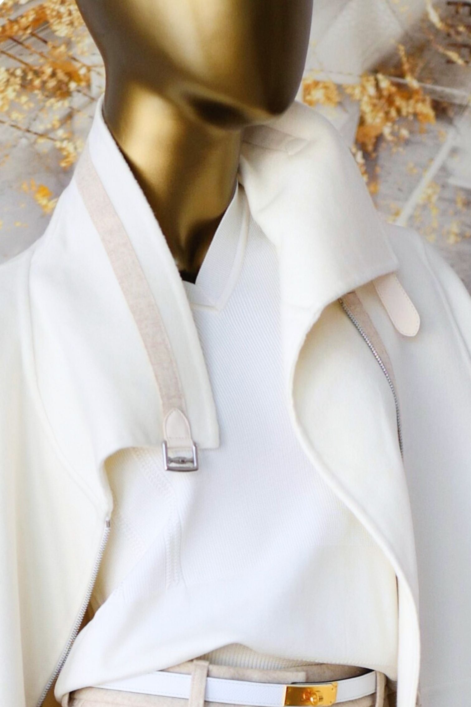 Hermès Double-Face Cashmere Coat with Felt & Leather Details in Natural White Size 34