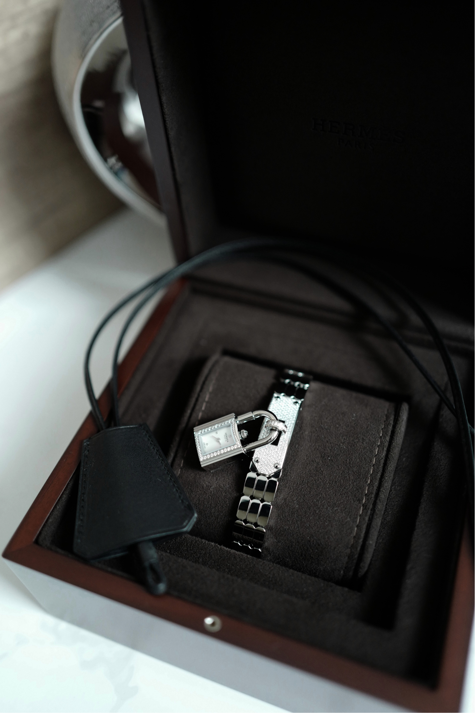 BNIB Hermes Kelly Watch Mini Model, 16 mm, Diamond Stainless Steel Bracelet