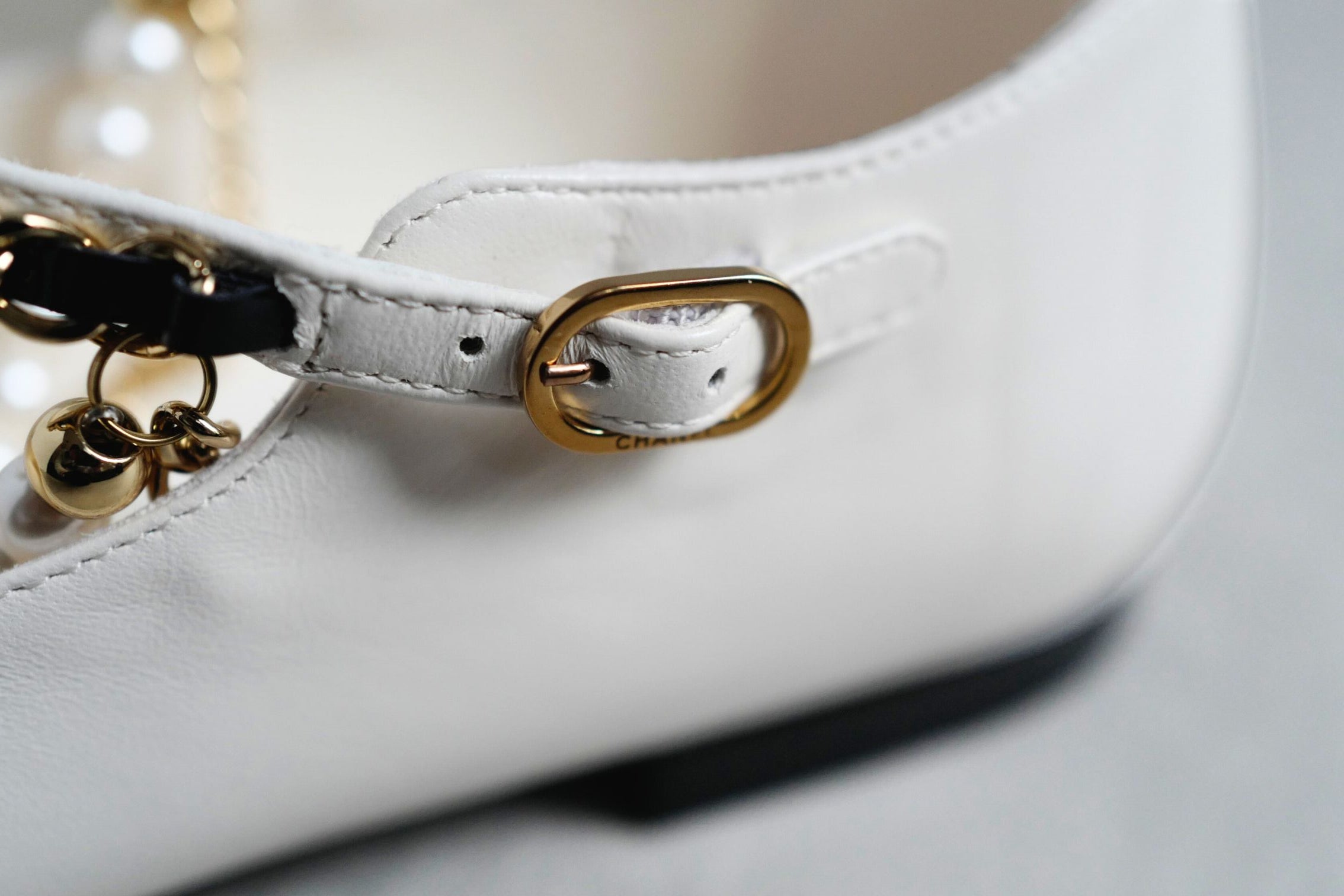 CHANEL Mary Jane Black/White Lambskin Patent Leather Pearl Detail Size 39