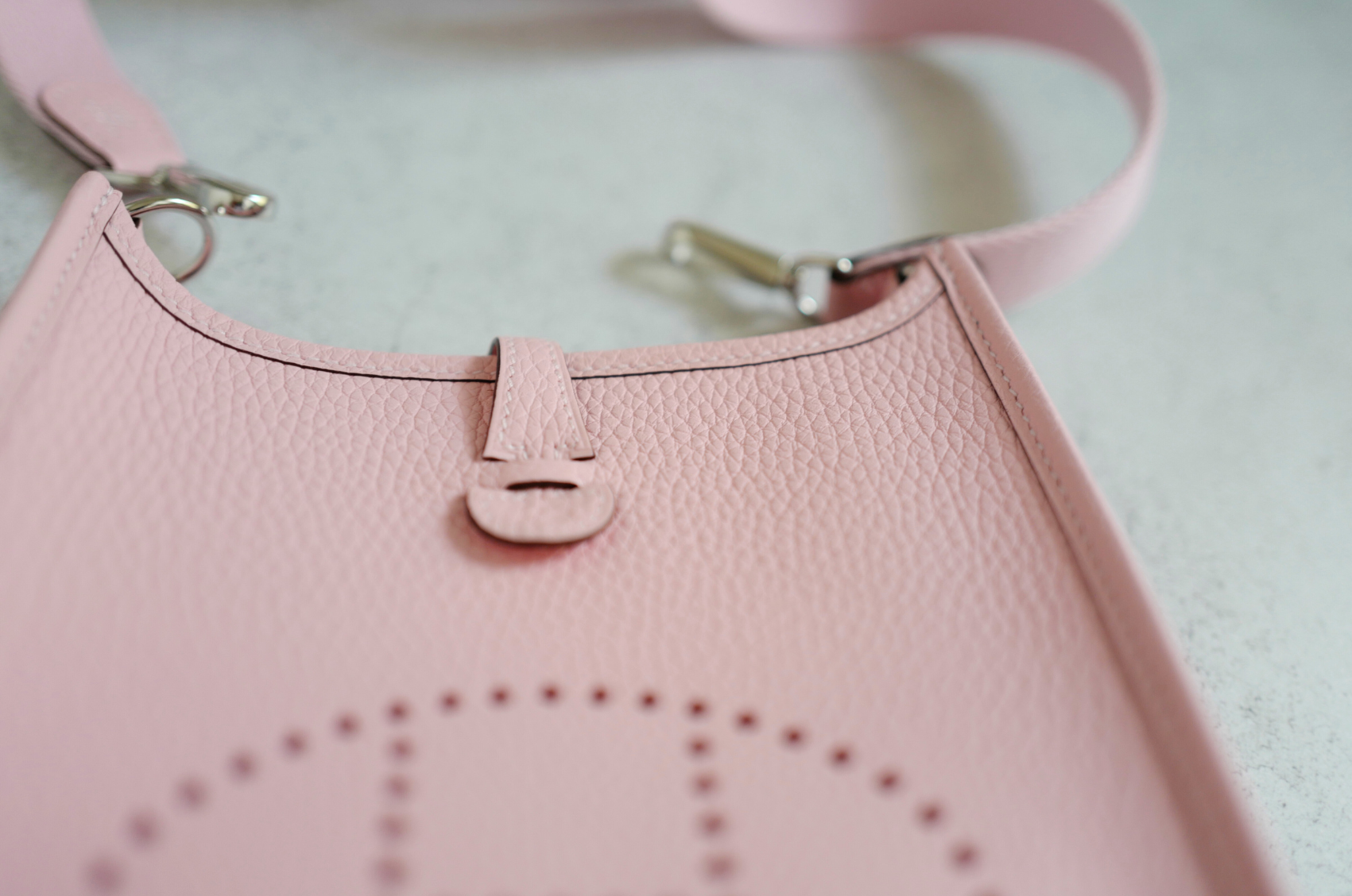 BNIB Hermès Mini Evelyne Bag Rose Sakura Clemence Leather Palladium Hardware
