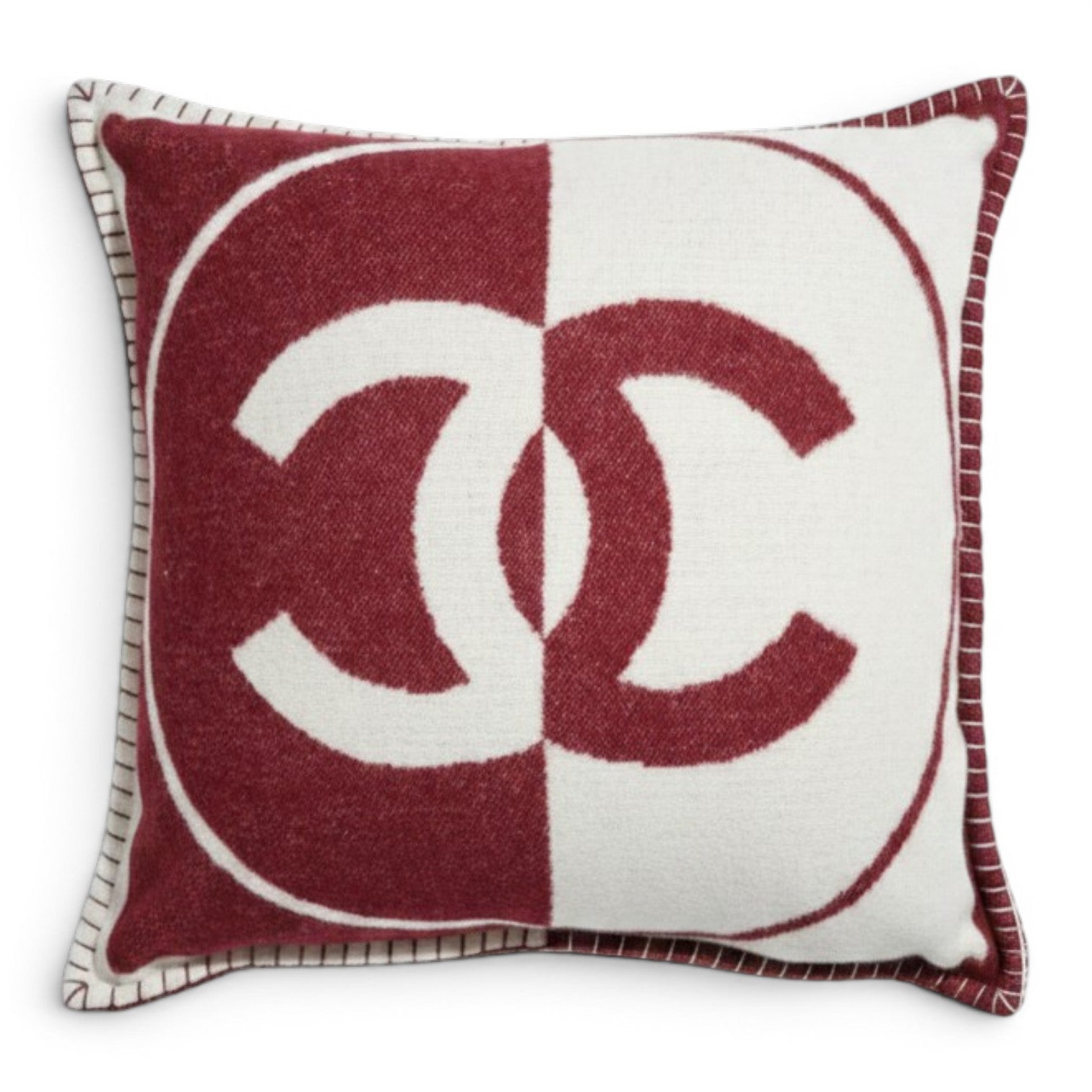 NEW Chanel CC Logo Pillow Burgundy White Wool Cashmere