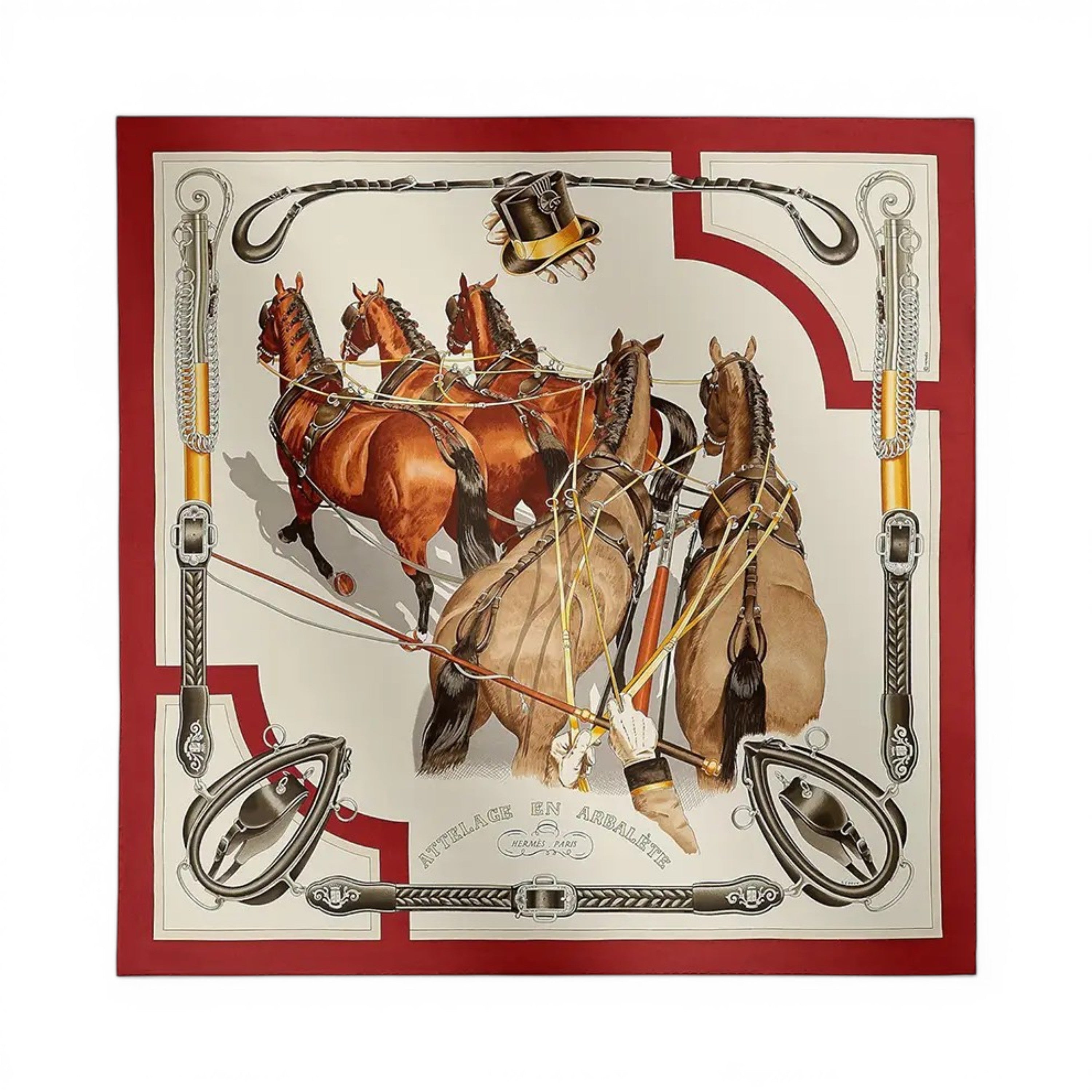 Hermès Scarf Attelage en Arbalete Forever Rouge Cuit/Grège/Alezan 100% Silk 90