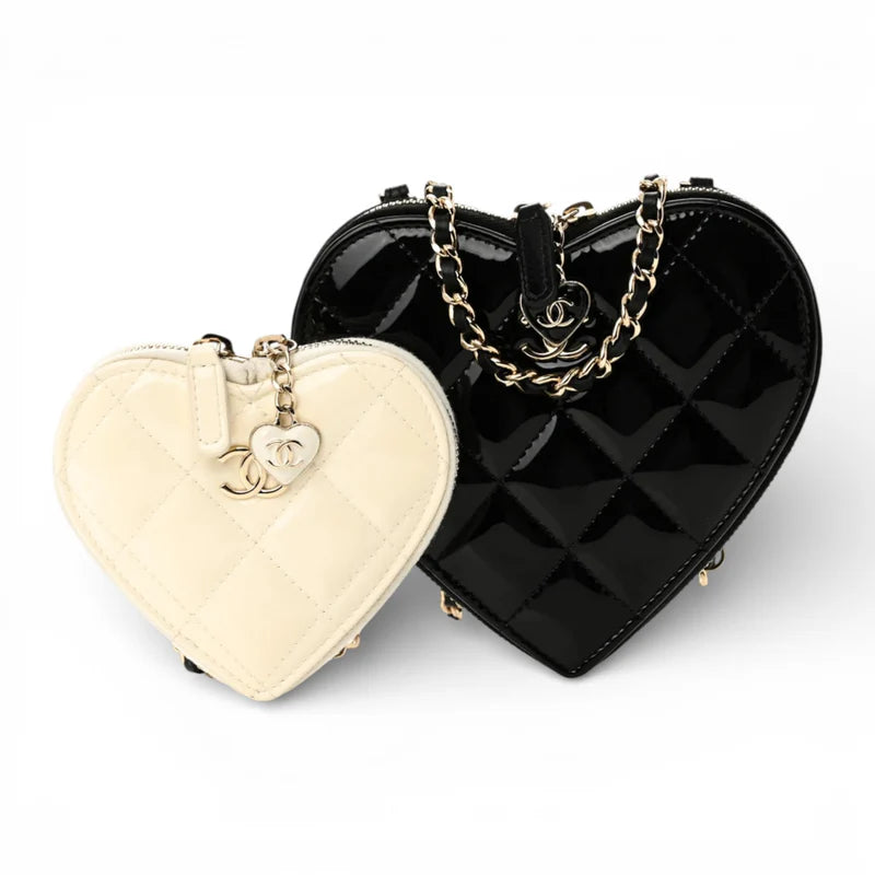 CHANEL 23P Patent Calfskin Quilted CC Heart Clutch With Gold Hardware