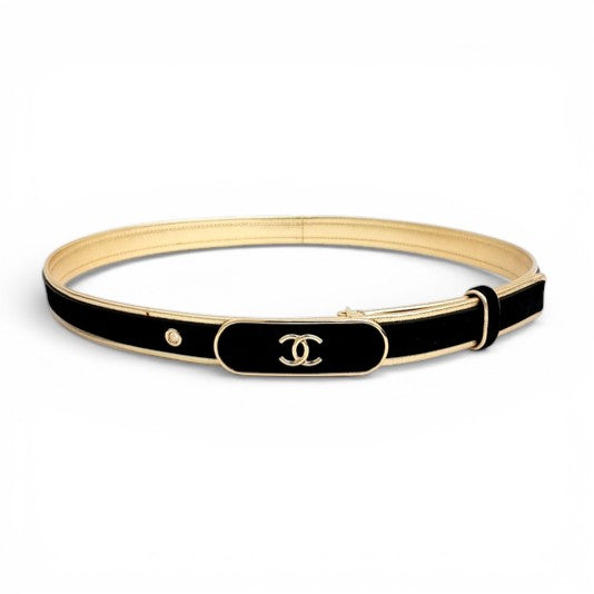 Chanel 24S Womens Leather Belt in Goatskin, Lambskin & Metal Black & Gold 80
