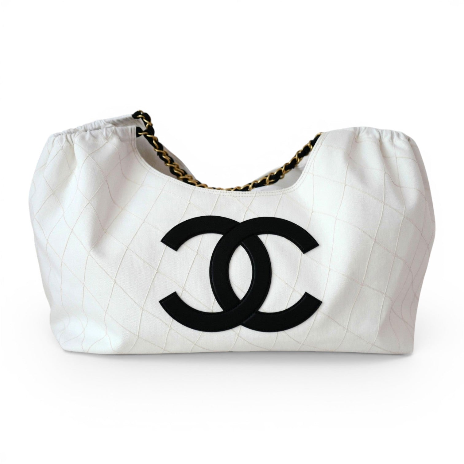 Chanel 26M Coco Beach Small Tote White Black Denim Calfskin Gold Hardw