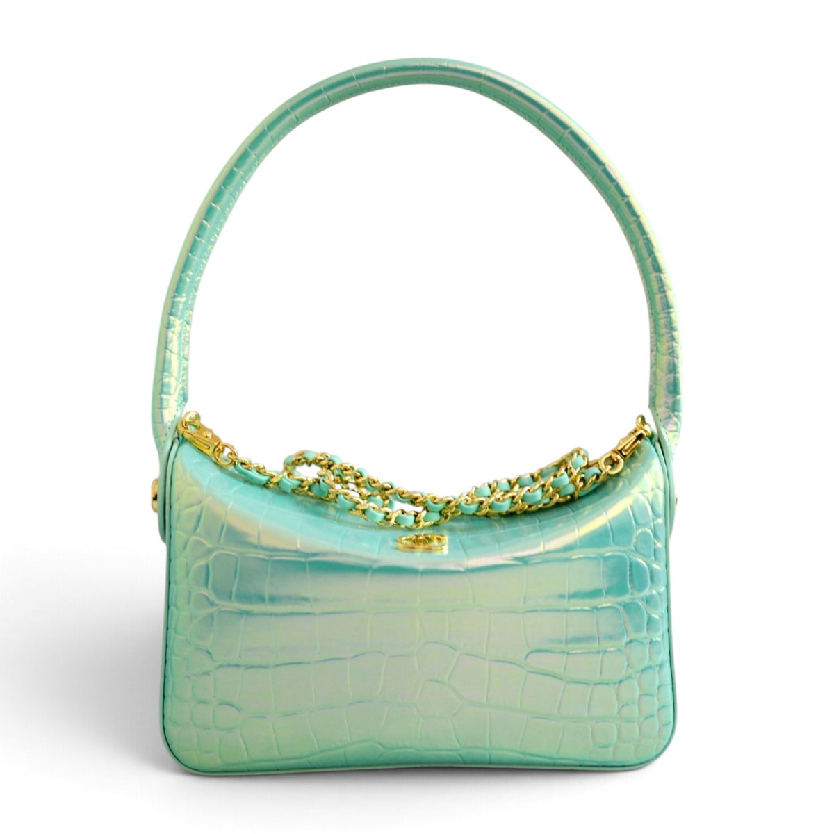 NEW Chanel 26K Clutch With Chain Turquoise Croc Embossed Calfskin GHW