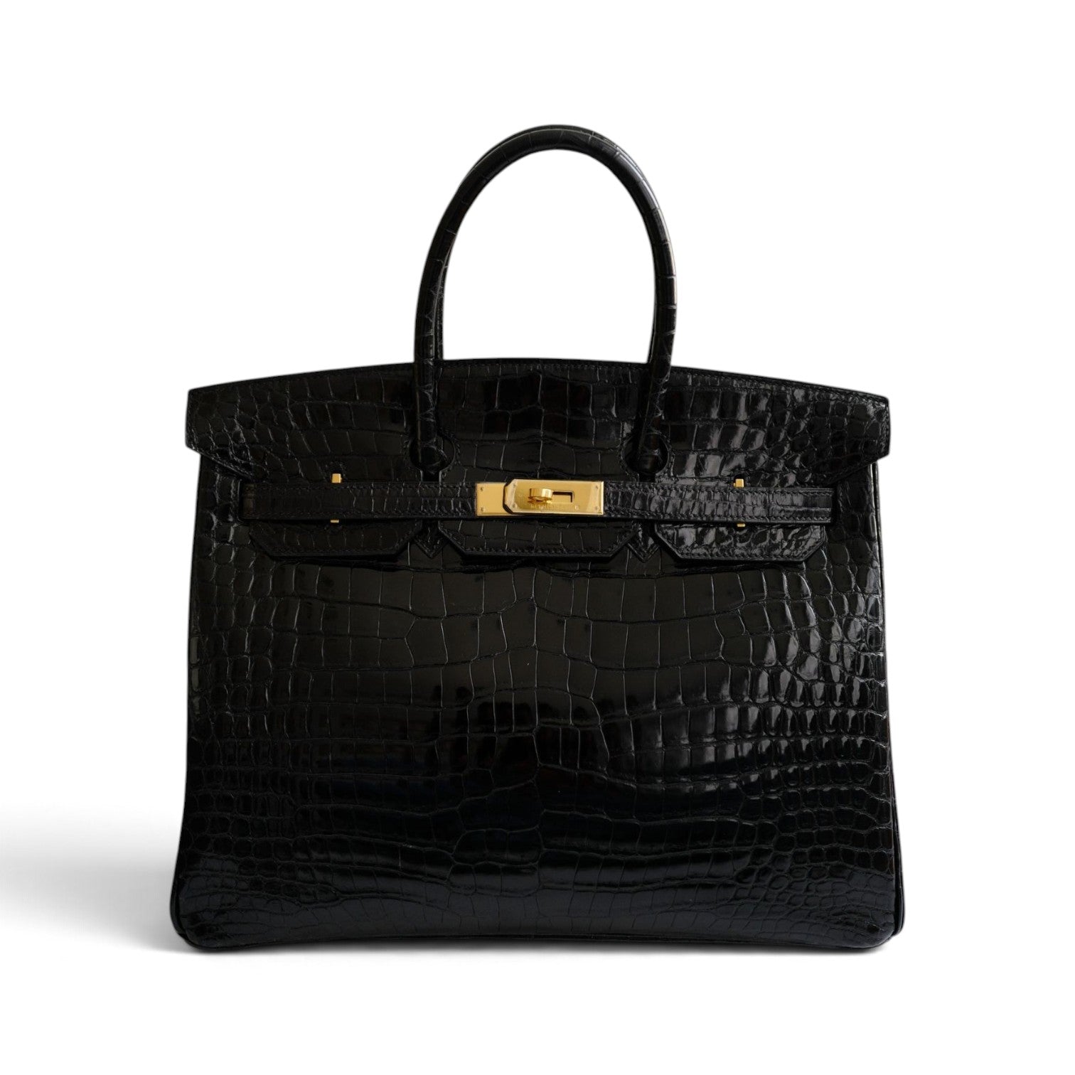 Hermès Birkin 35 Black Shiny Porosus Crocodile Gold HW #D Preowned Condition