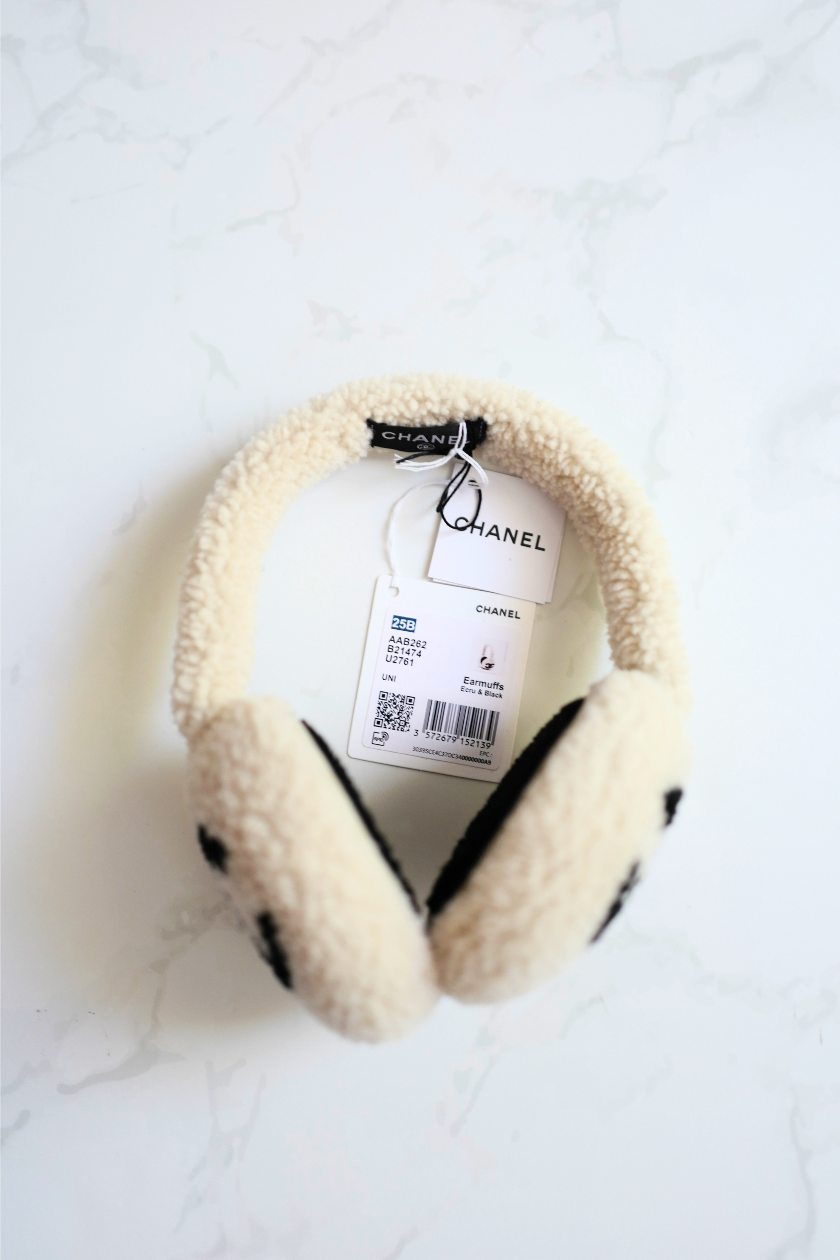 BNIB Chanel CC Earmuffs in Shearling Wool Ecru/Black