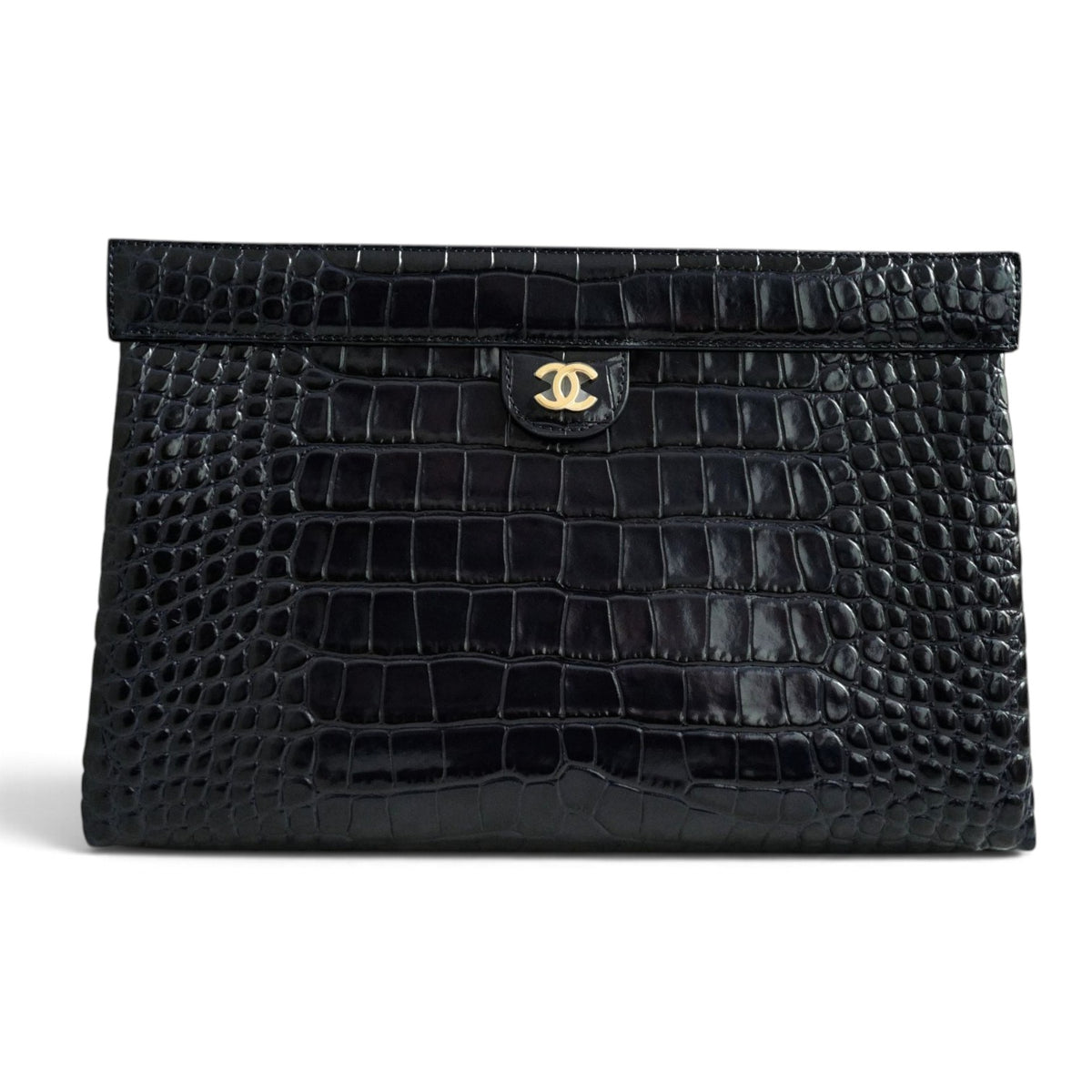 NEW Chanel 26K Clutch Navy Blue Crocodile Embossed Calfskin Leather GHW