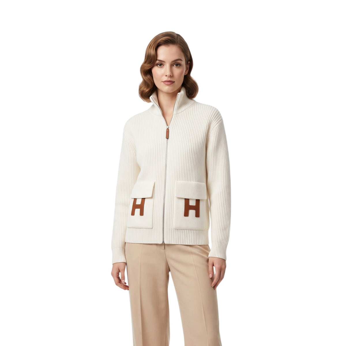NEW Hermes Blouson Cardigan Blanc Naturel Wool Knit H Leather Pocket Size 34