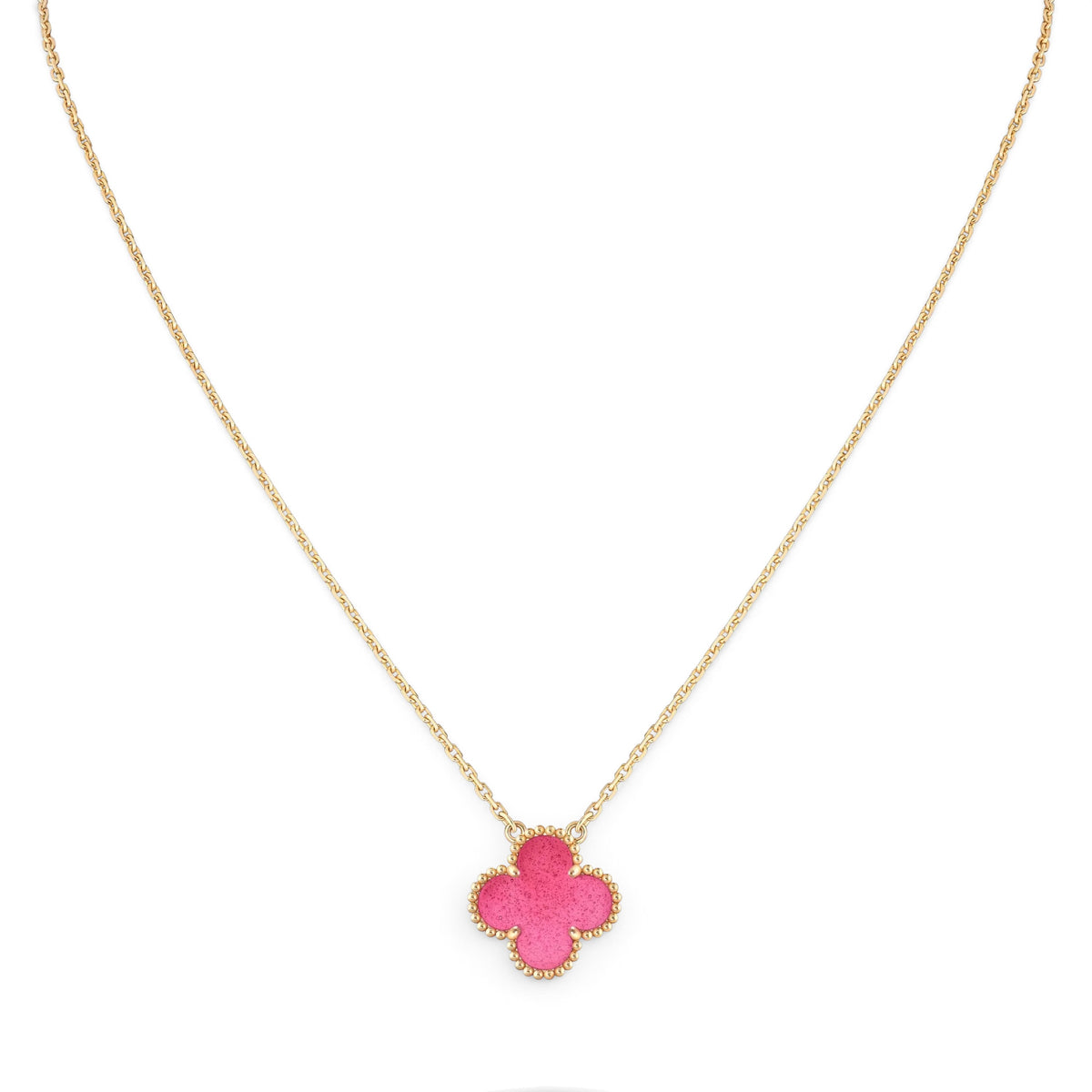 NEW Van Cleef & Arpels Vintage Alhambra Pink Pendant Necklace 18k Yellow Gold