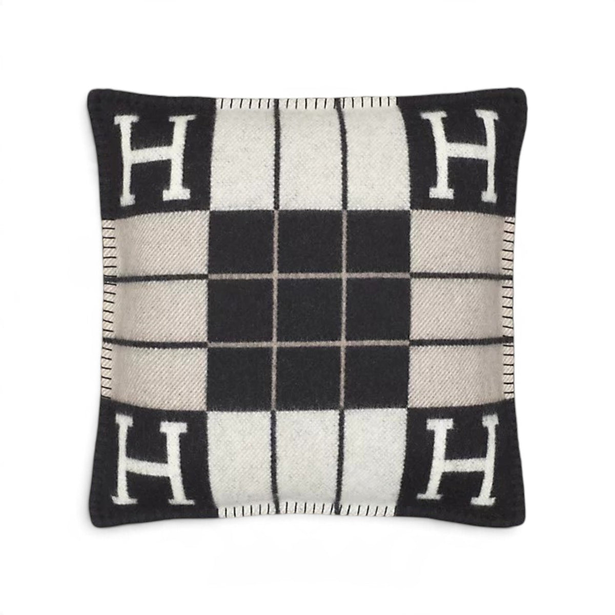 New Hermes Avalon III Jacquard Cushion Petit Modele Wool Cashmere Ecru Noir