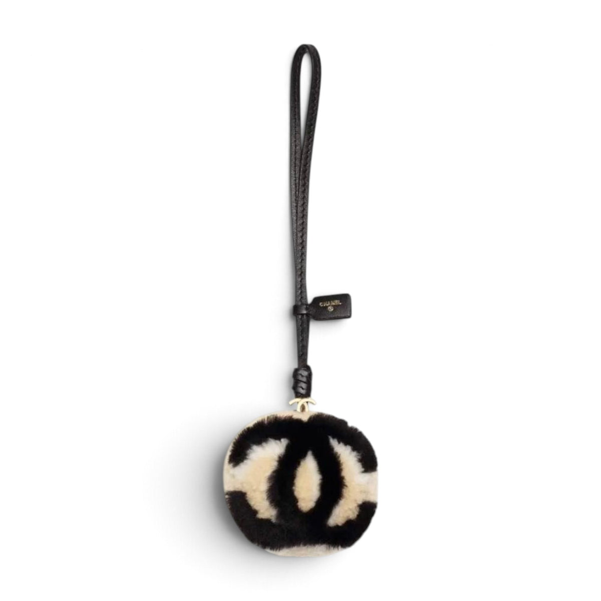 NEW Chanel 26N Coco Neige Mini Ball Bag Charm CC Logo Lambskin Shearling Black Beige