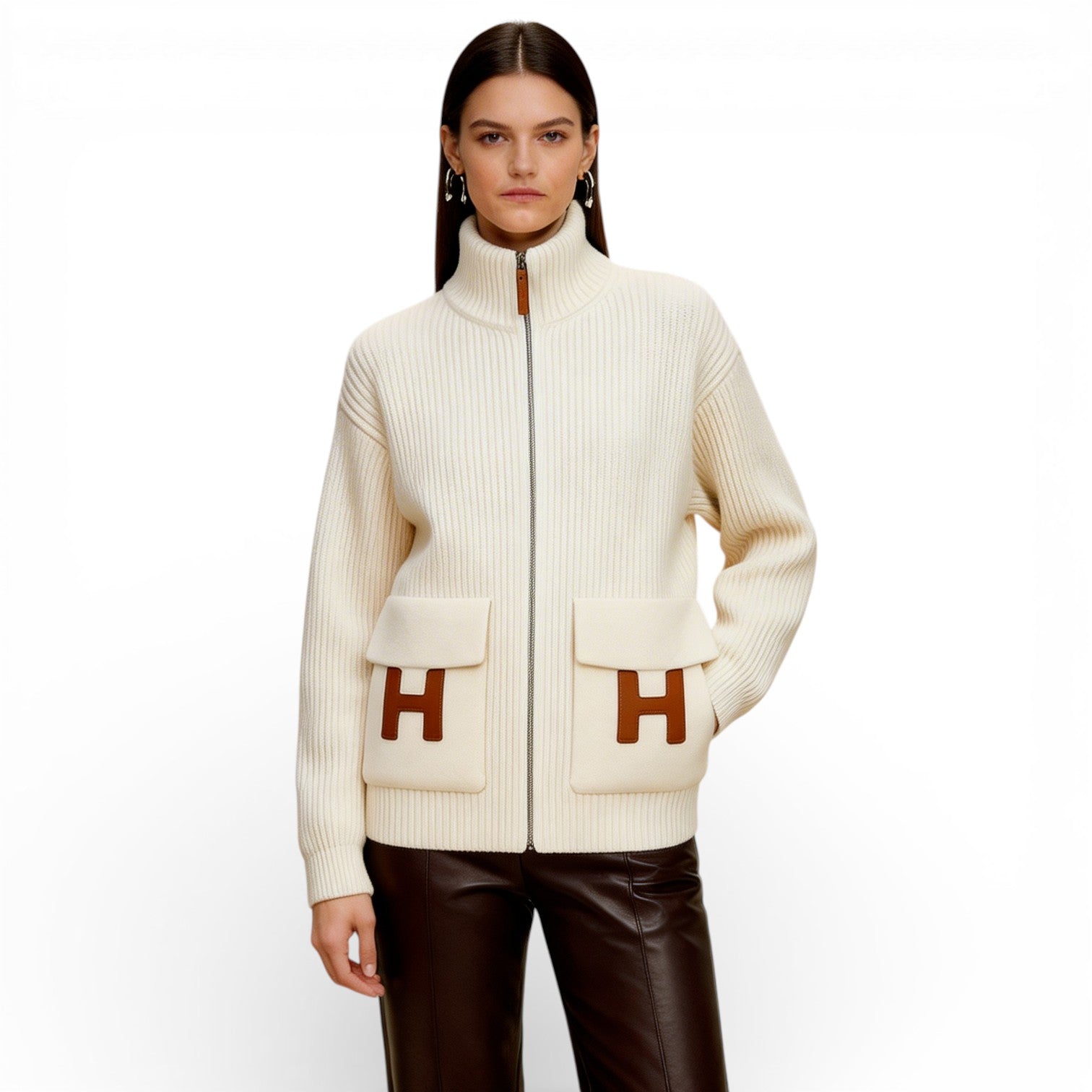 Hermès Blousson Cardigan Blanc Naturel Wool Knit Size 38