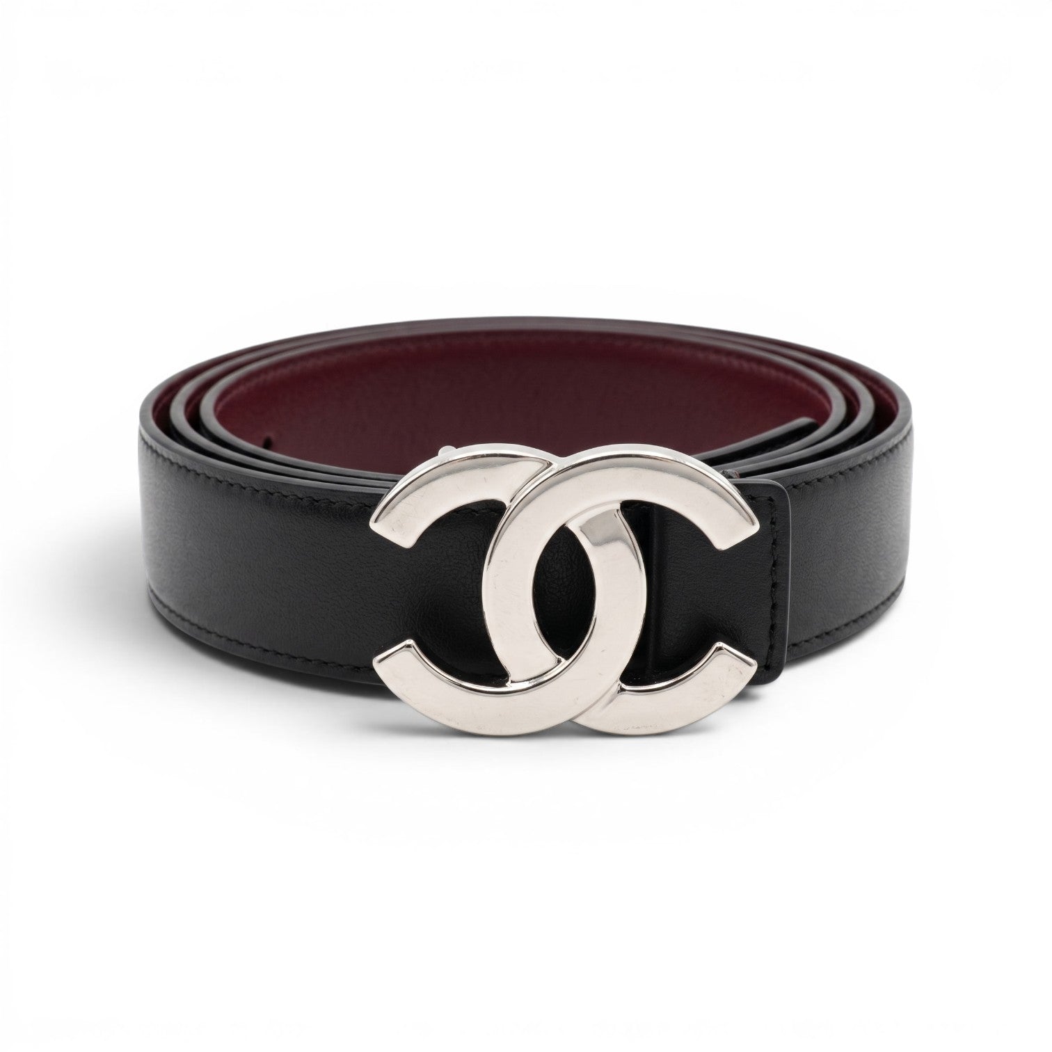 Chanel CC Reversible Belt Black Burgundy Silver Calfskin Metal Size 85