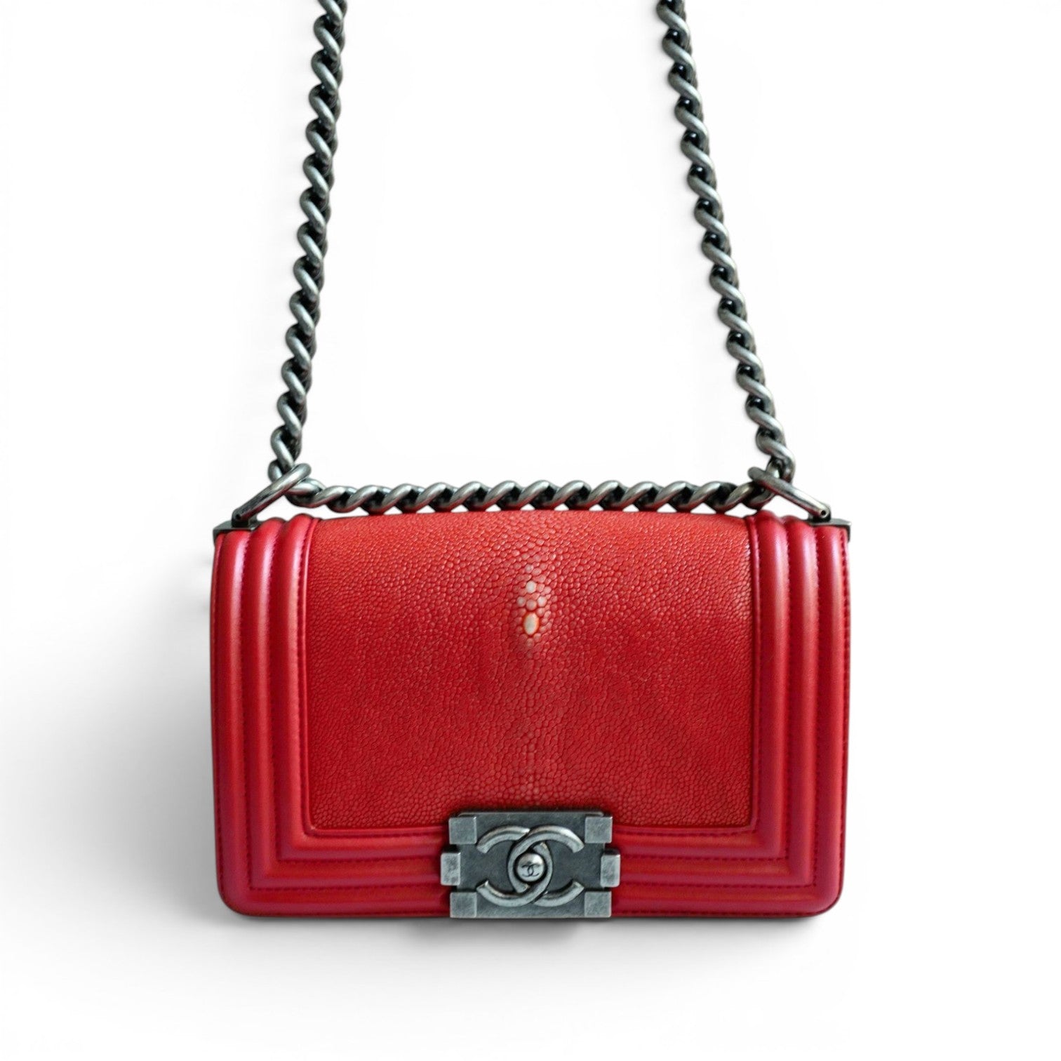 Preloved Chanel Boy Red Small In Stingray Ruthenium HW Limited Edition