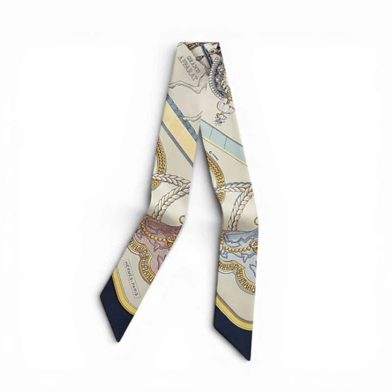 Hermès Twilly Grand Apparat Scarf Ivoire Marine Rose 100% Silk Twill
