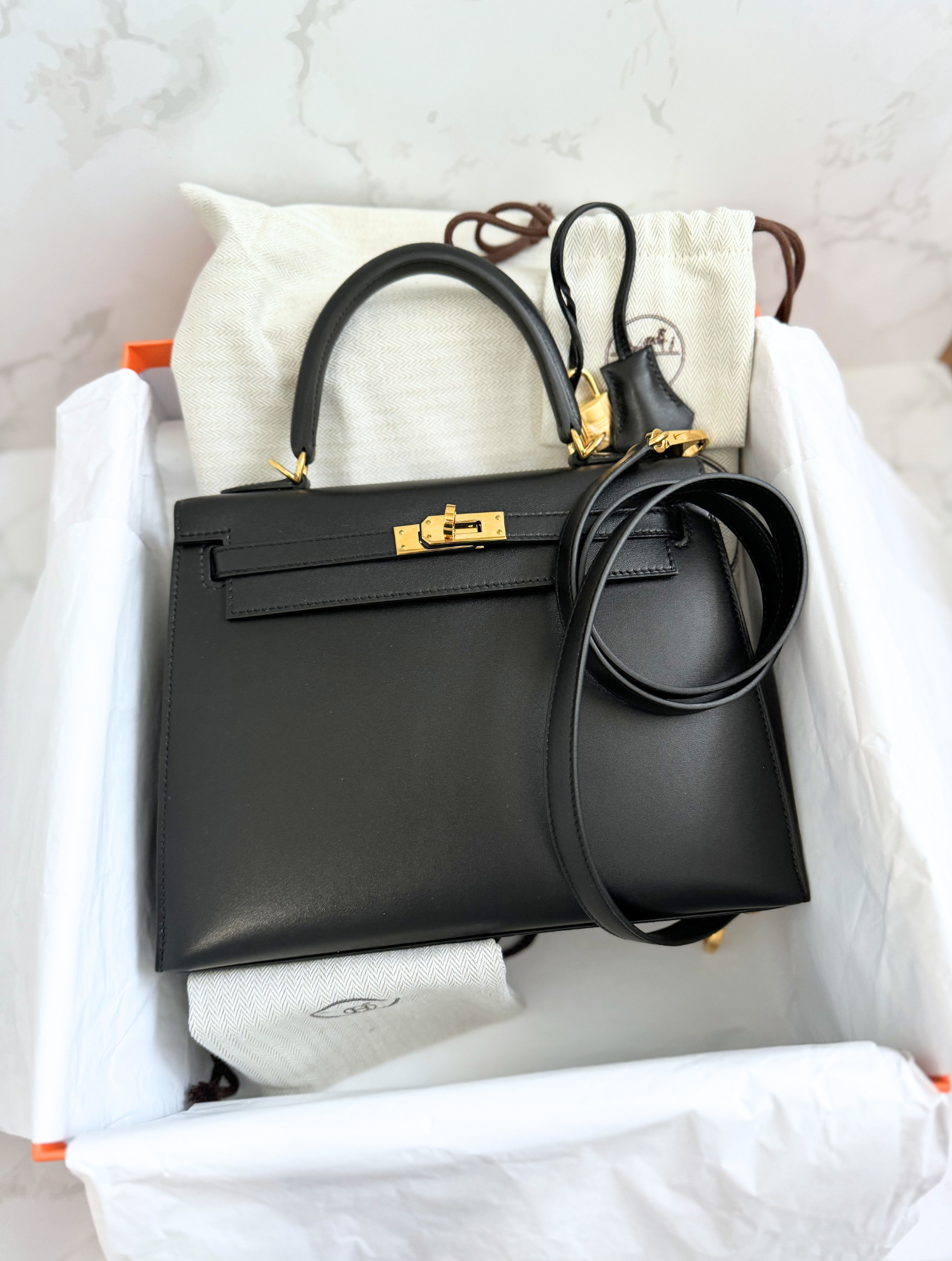 Hermes Kelly 25 Black Tadelakh Sellier Gold HW Complete Original Receipt NEW