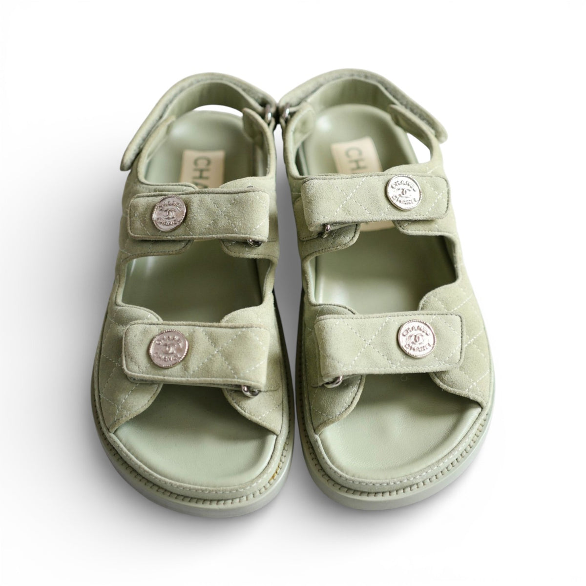 Chanel DAD SANDALS Green SUEDE LEATHER SANDAL Size 37 BNIB