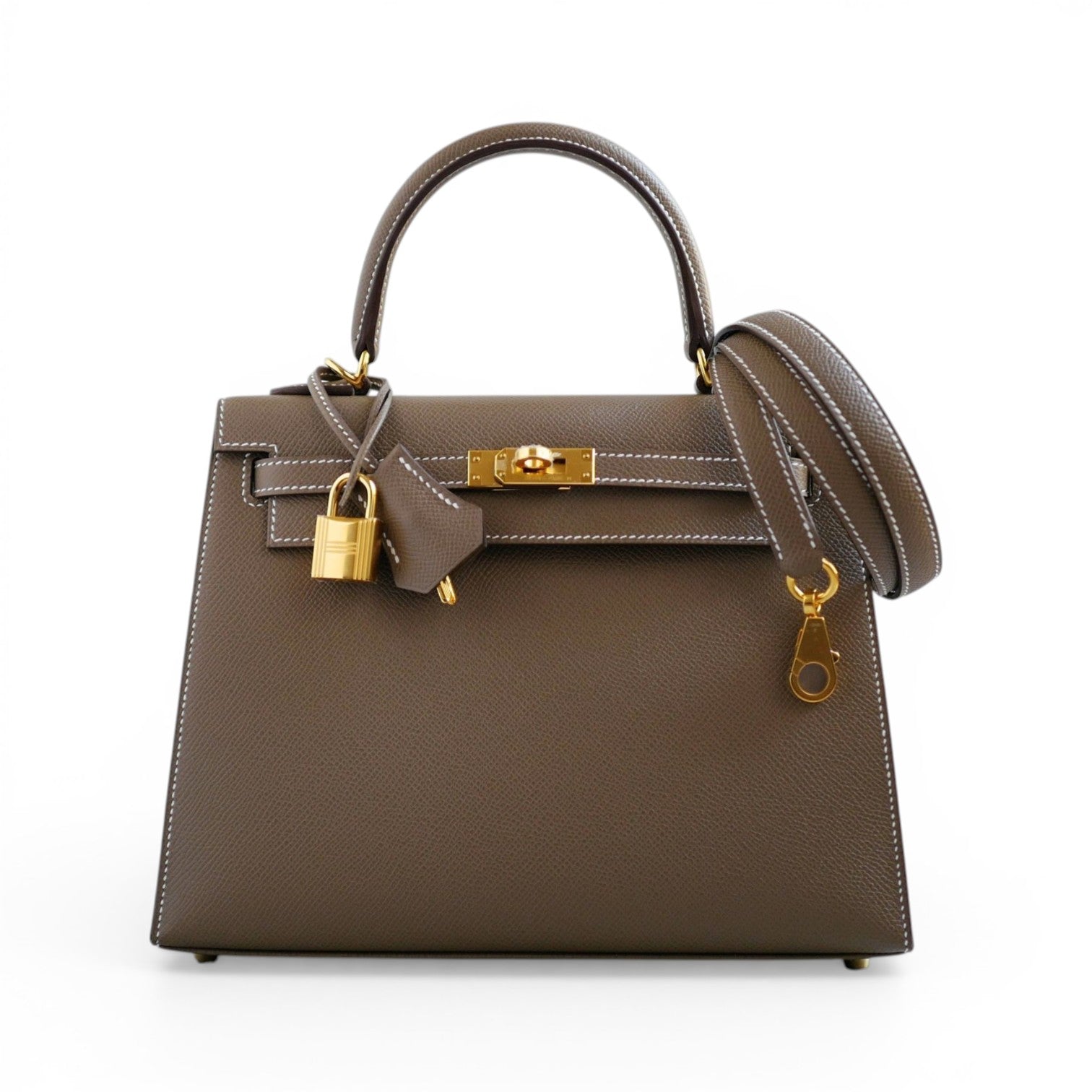 NEW Hermes Kelly 25 Etoupe Epsom Sellier Gold Hardware
