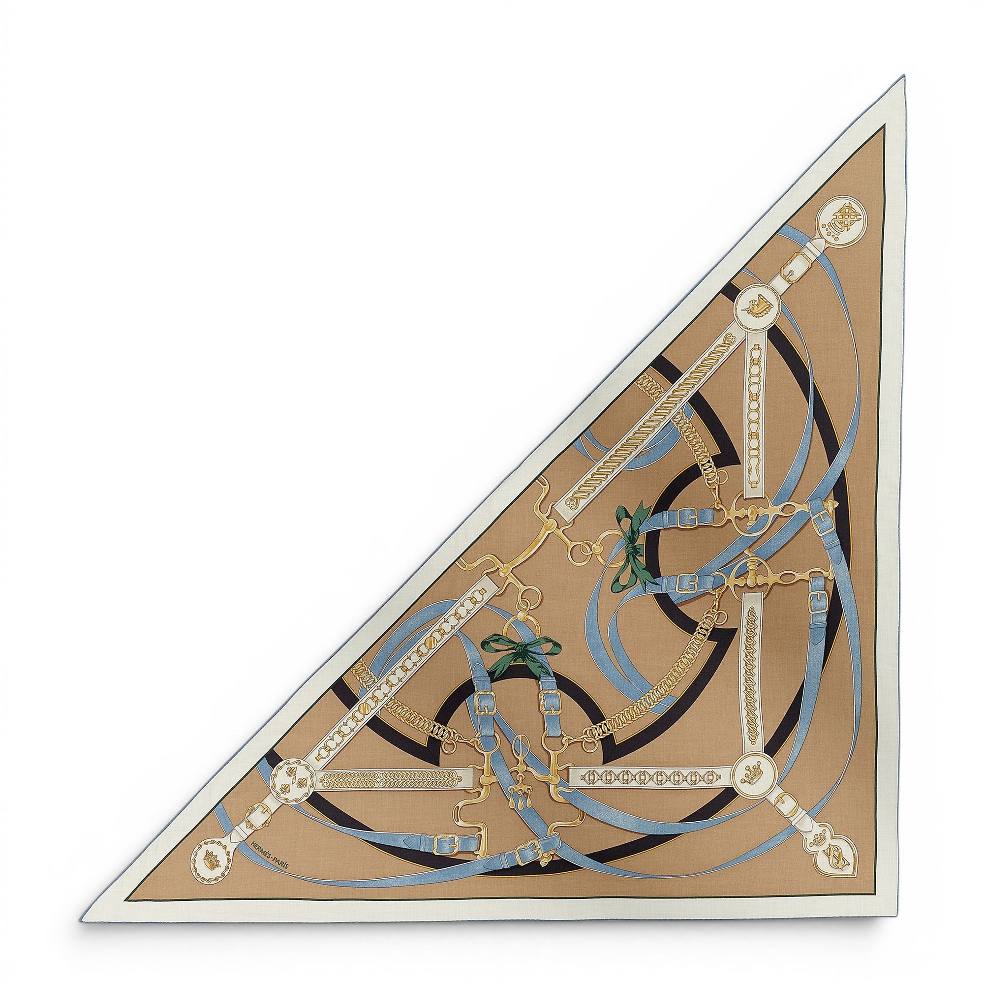 Hermès Triangle La Promenade du Matin Beige Doré/Bleu Jean/Ébène Cashmere Silk