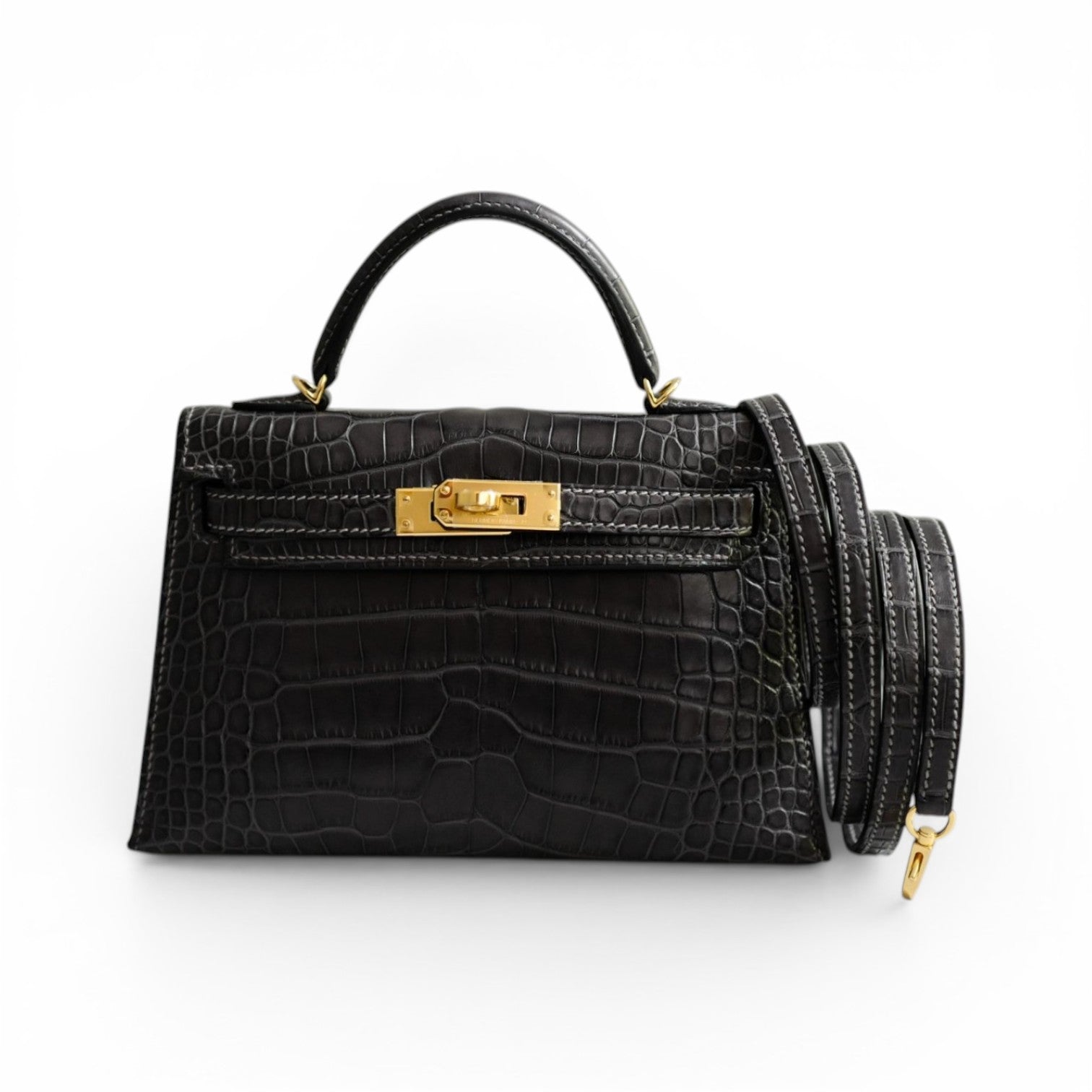 Hermès Mini Kelly Graphite Sellier Alligator Mississippiens K Stamp GHW