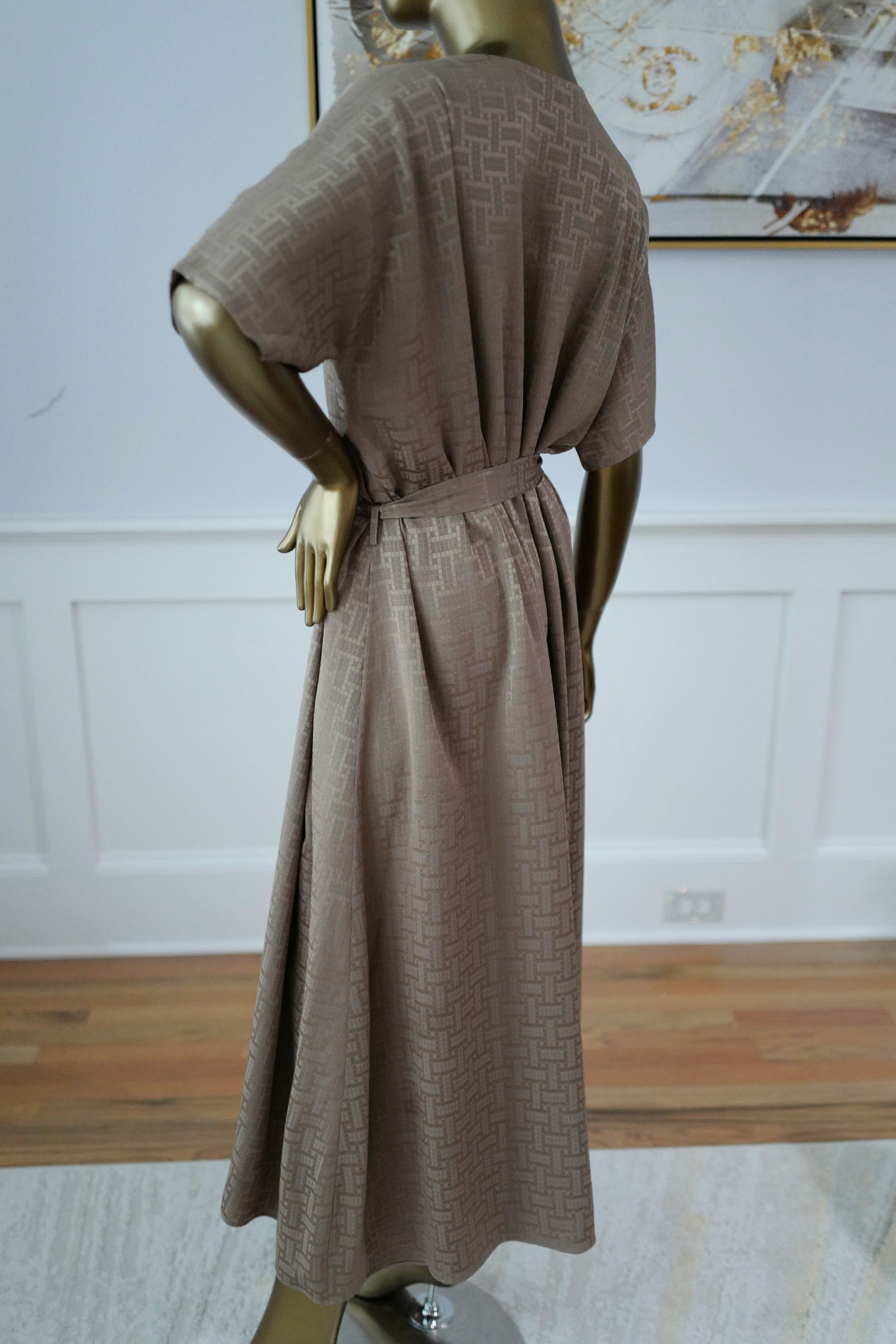 NEW Hermès Mosaique Belted Caftan Dress in Jacquard Silk Gris Étoupe Size 36