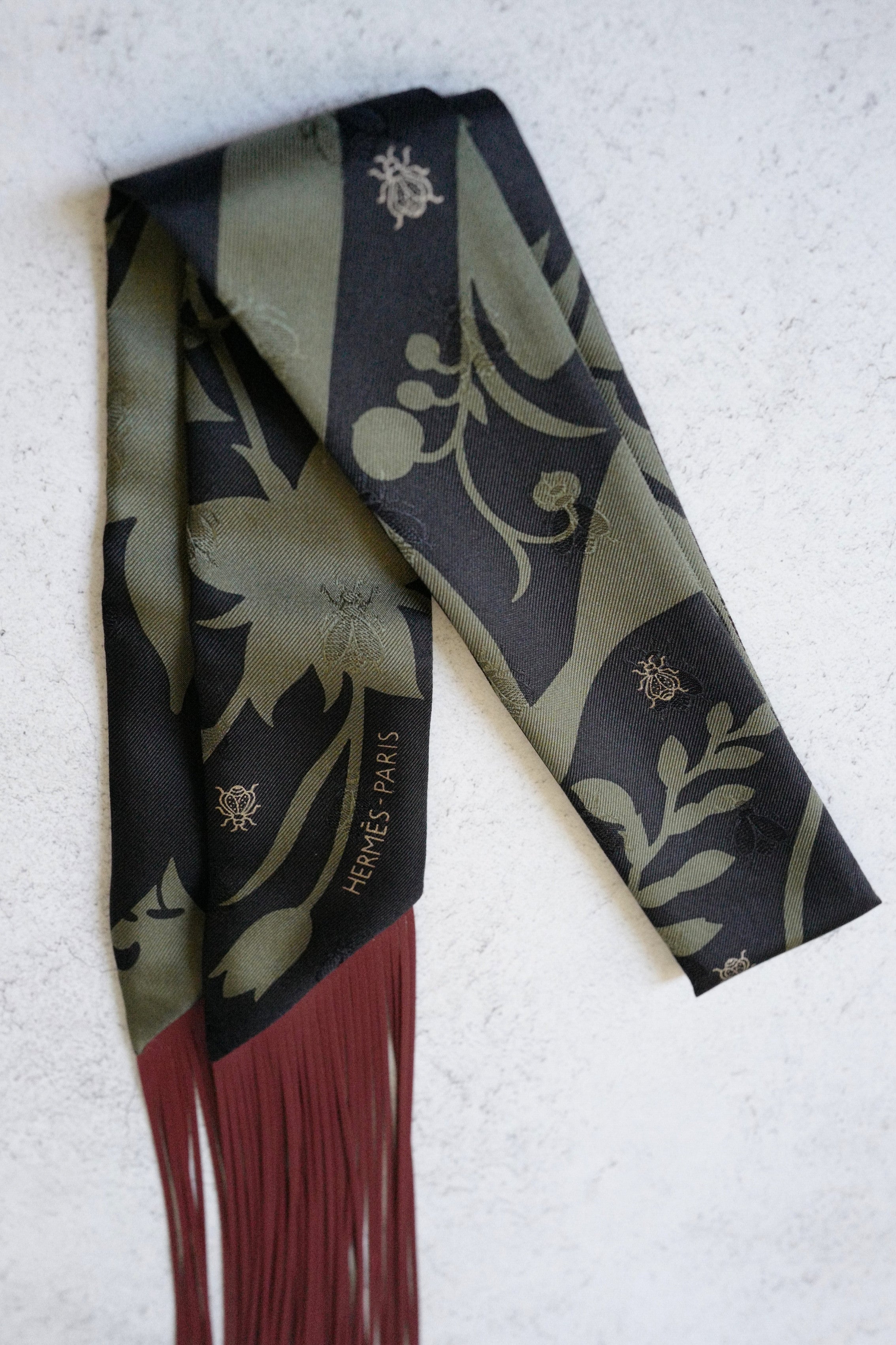 Hermès Twilly Bouquet Final Silk Noir Vert Loden with Leather Fringe