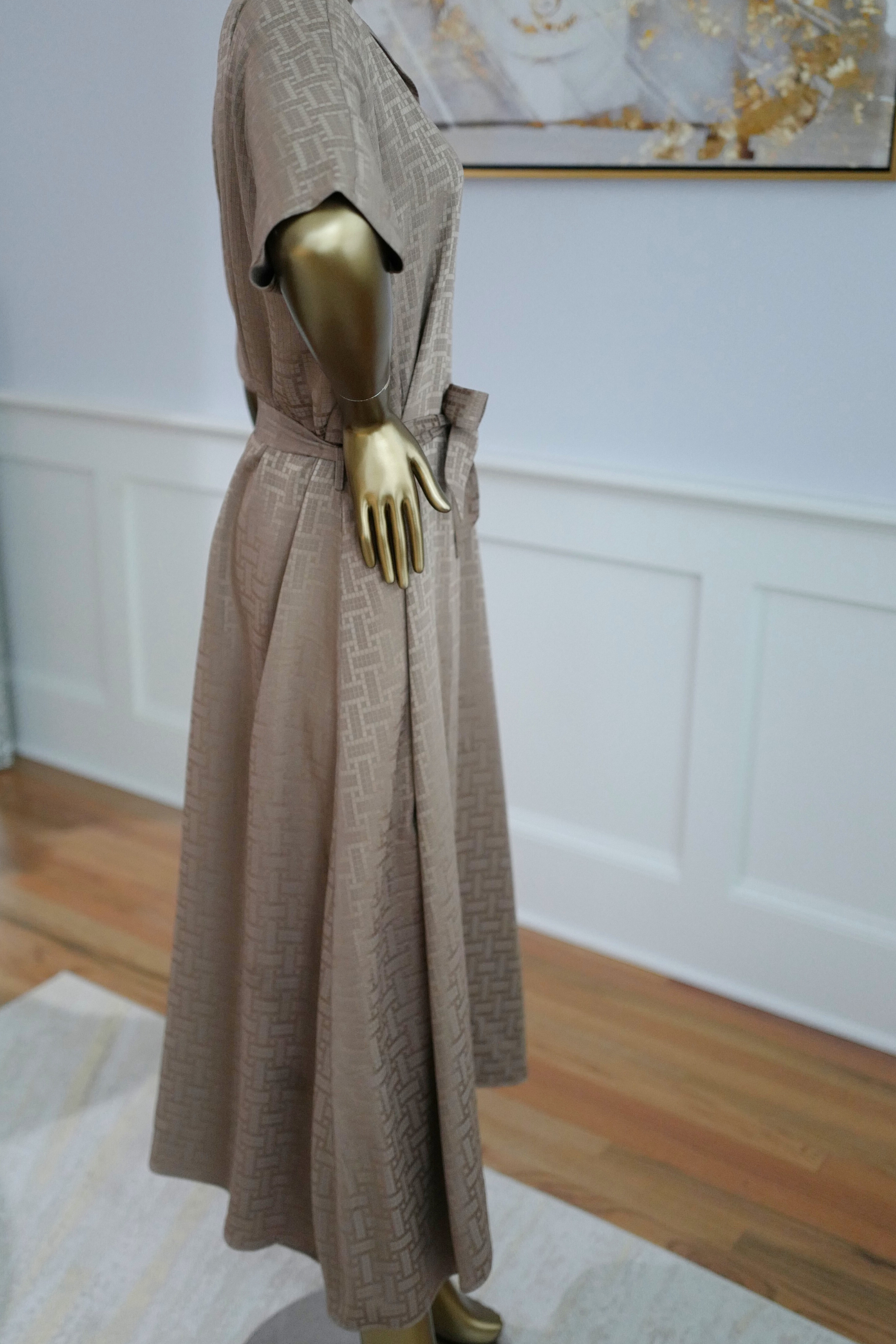 NEW Hermès Mosaique Belted Caftan Dress in Jacquard Silk Gris Étoupe Size 36