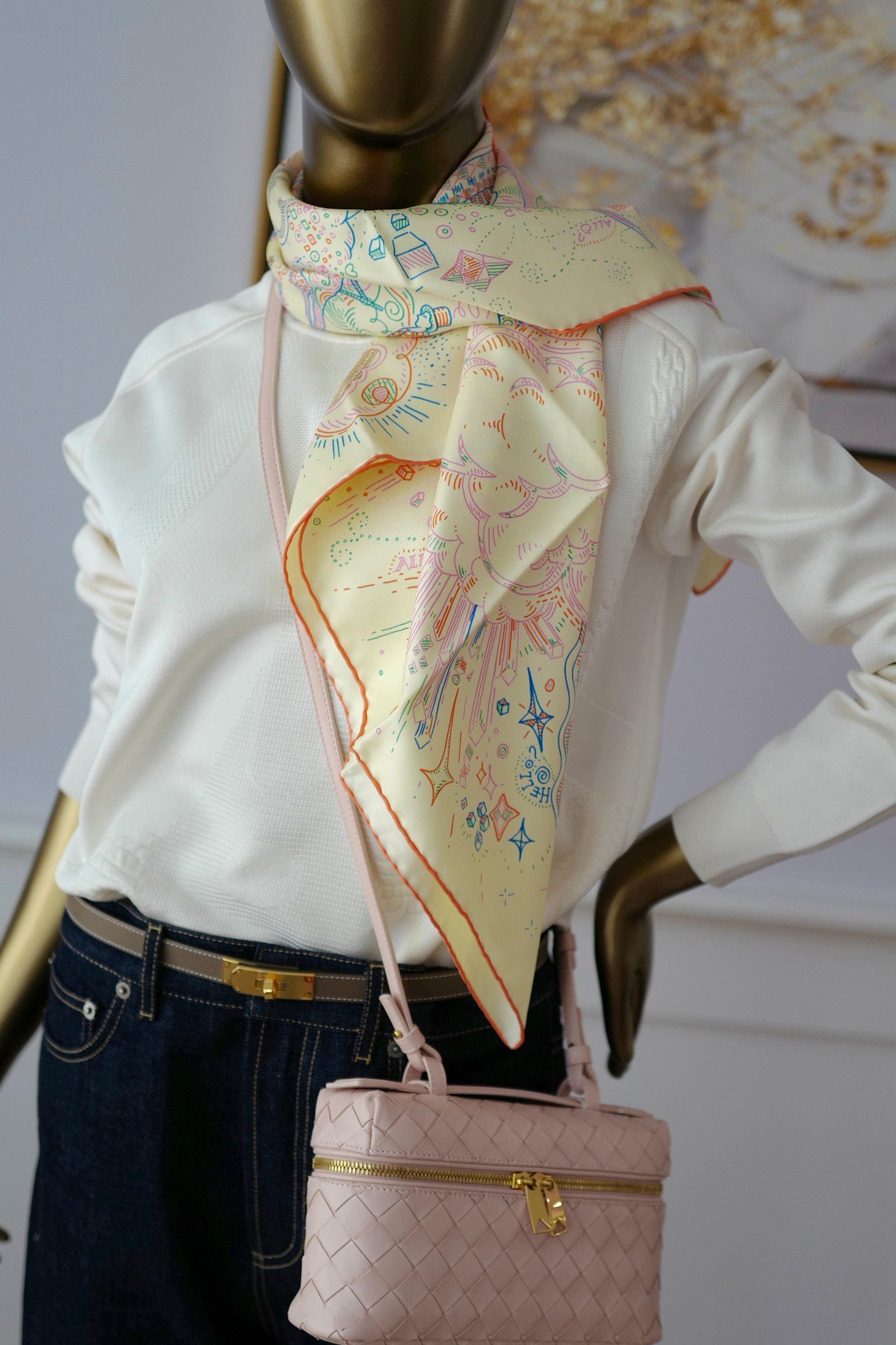 NEW Hermes Please Hold The Line Ac/Vanilla/Bleu 90 silk scarf