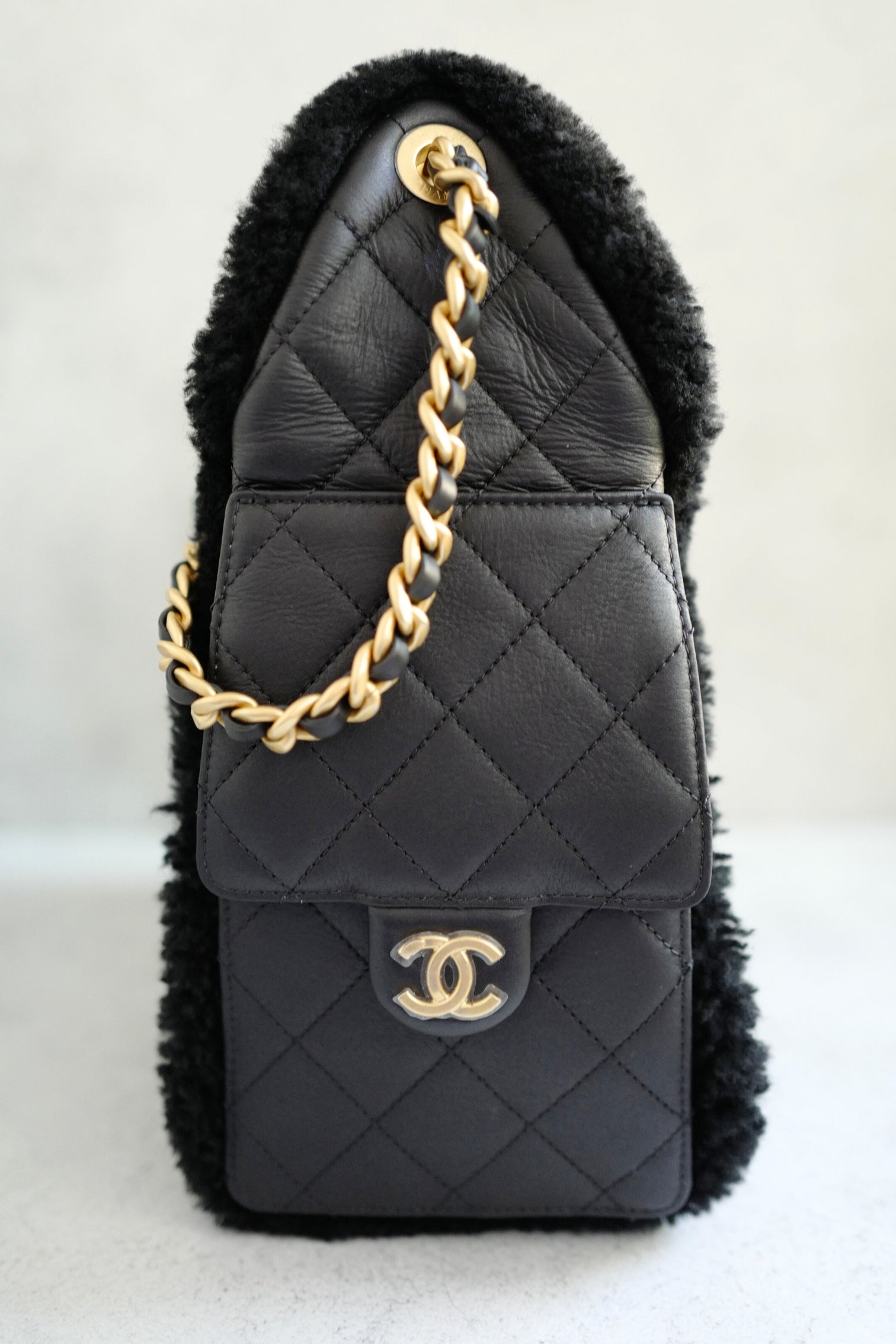 Chanel 25K Small Hobo Bag in Black Shearling and Calfskin Leather Gold Hardware