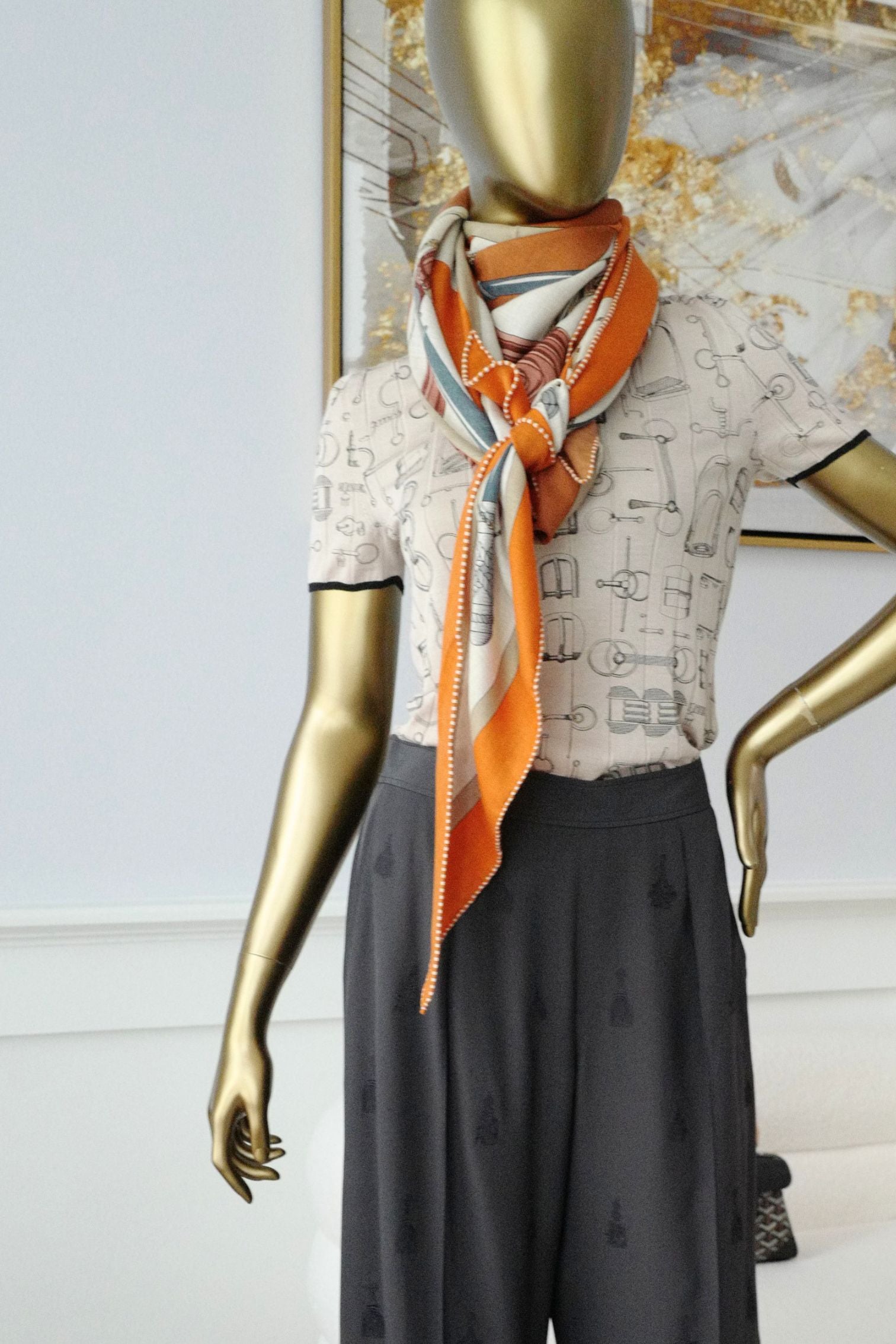 Hermès Clic-Clac Triangle Scarf Orange Cuit /Naturel/Caramel Cashmere Silk