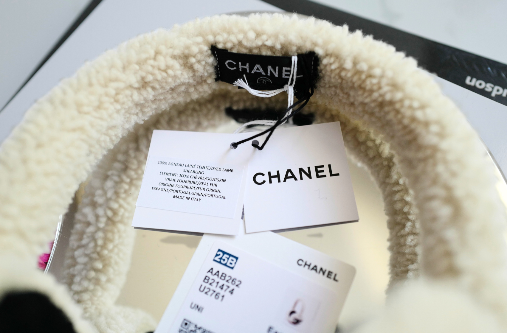 BNIB Chanel CC Earmuffs in Shearling Wool Ecru/Black
