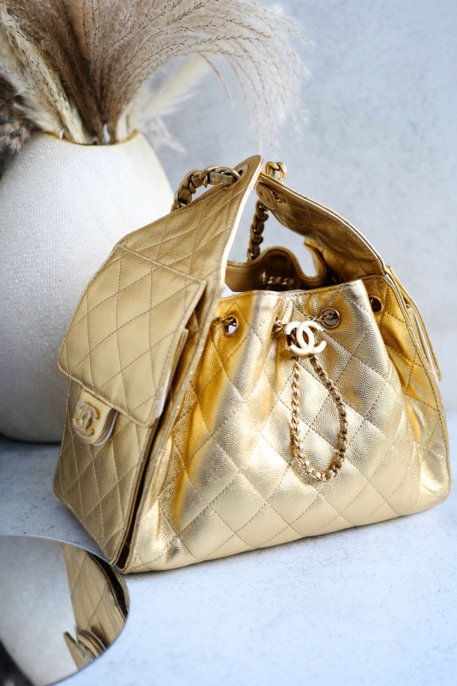 Chanel 26C Small Hobo Gold Metallic Grained Calfskin Gold Hardware