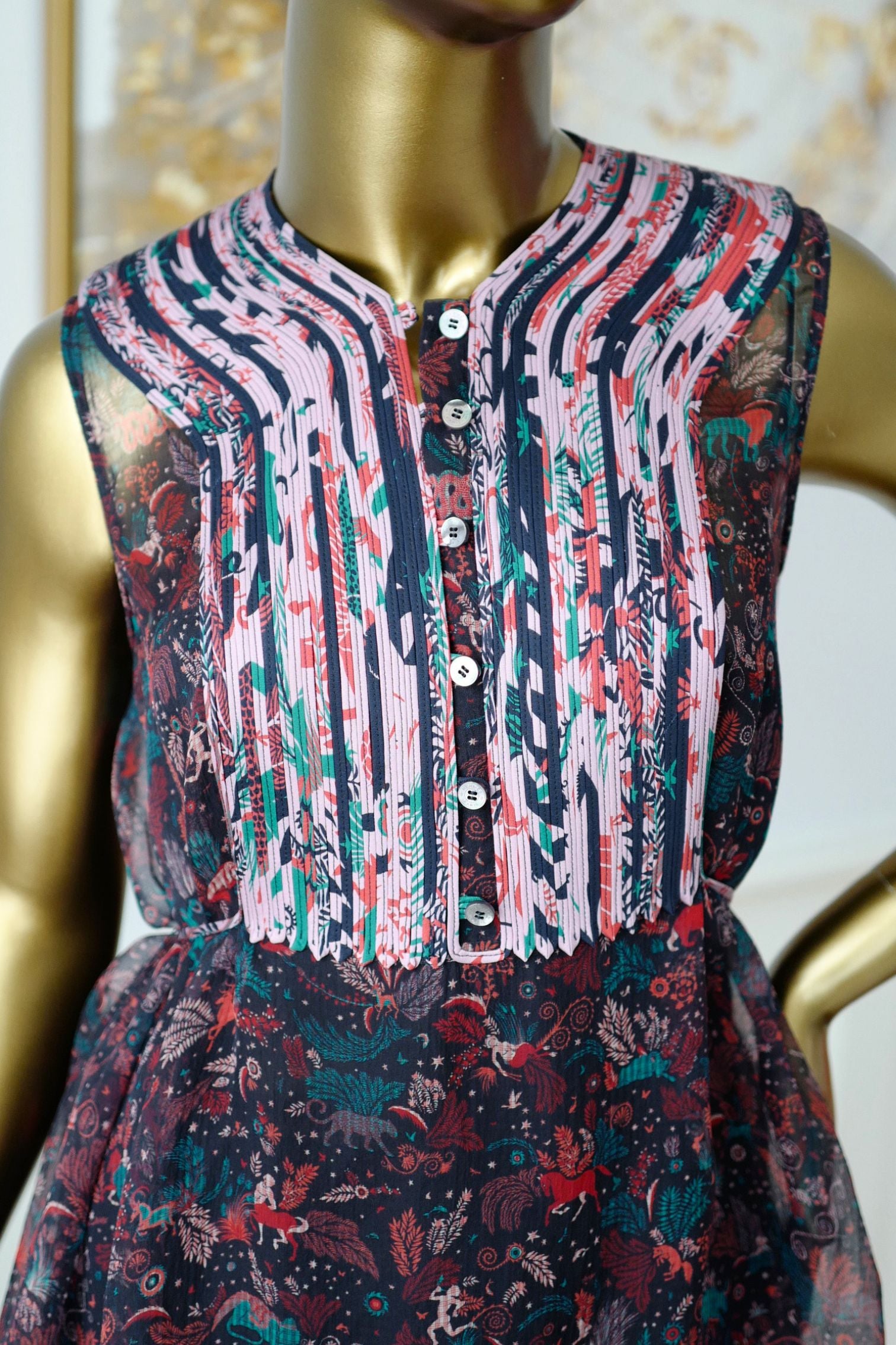 Hermes Silk Blouse Ennobli A Plastron Ox Bleu Marin Sleeveless 36 NEW Two Pcs