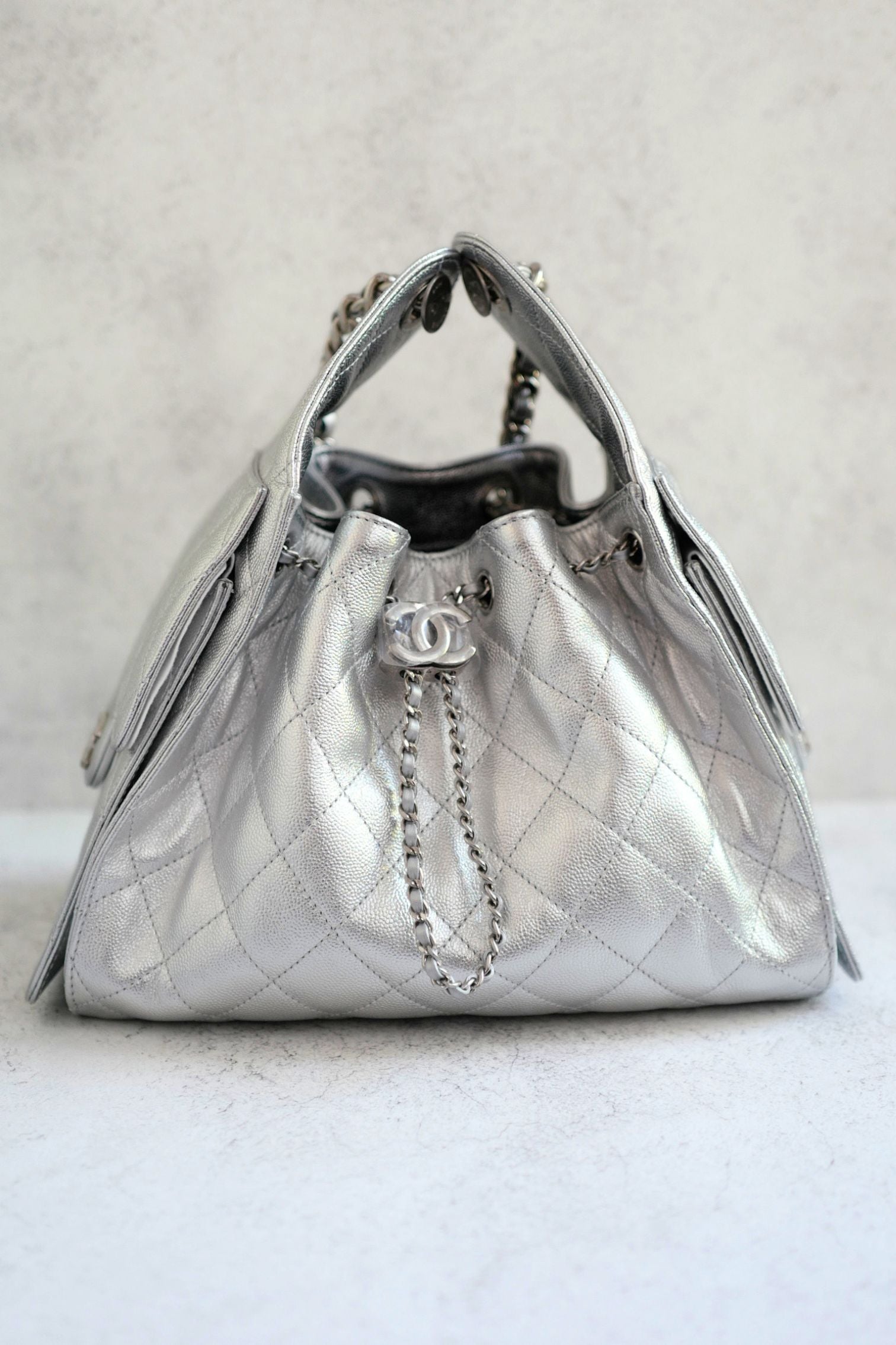 Chanel 26C Small Hobo Silver Metallic Grained Calfskin Silver Hardware