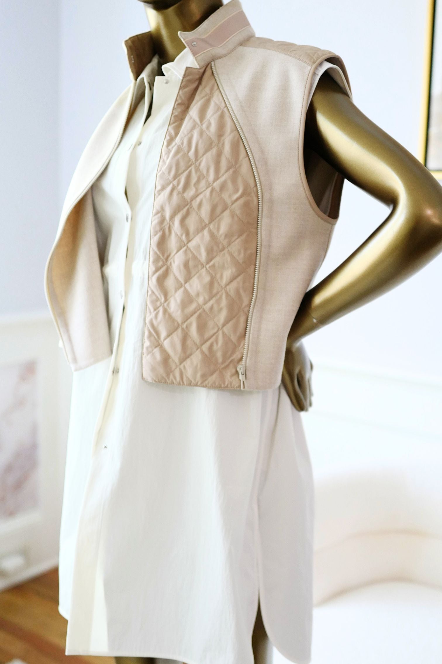 Hermès Blouson Sans Manches Mix Matière Blanc Marbre Wool Size 36