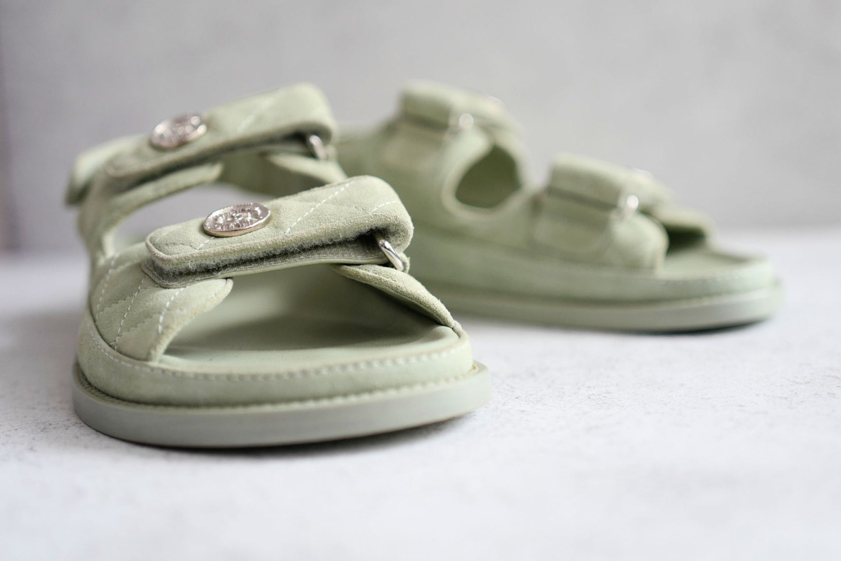 Chanel DAD SANDALS Green SUEDE LEATHER SANDAL Size 37 BNIB